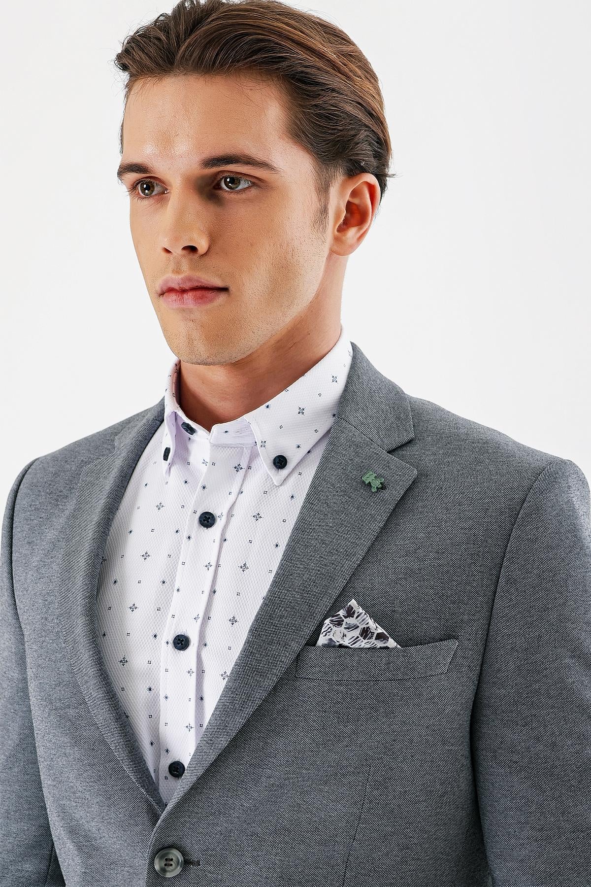Lacivert Mono Yaka Çift Yırtmaç Likralı 6 Drop Slim Fit Klasik Ceket 1002240151