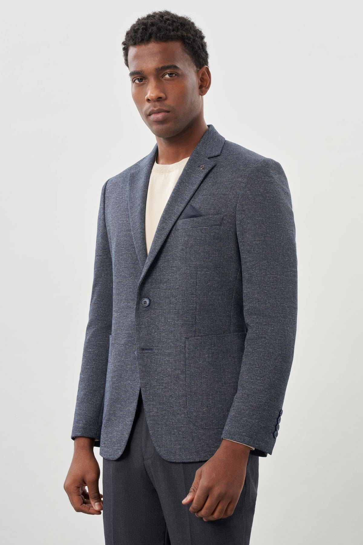 Desenli Örme Mono Yaka Astarsız Esnek 6 Drop Slim Fit Casual Ceket 1002245161