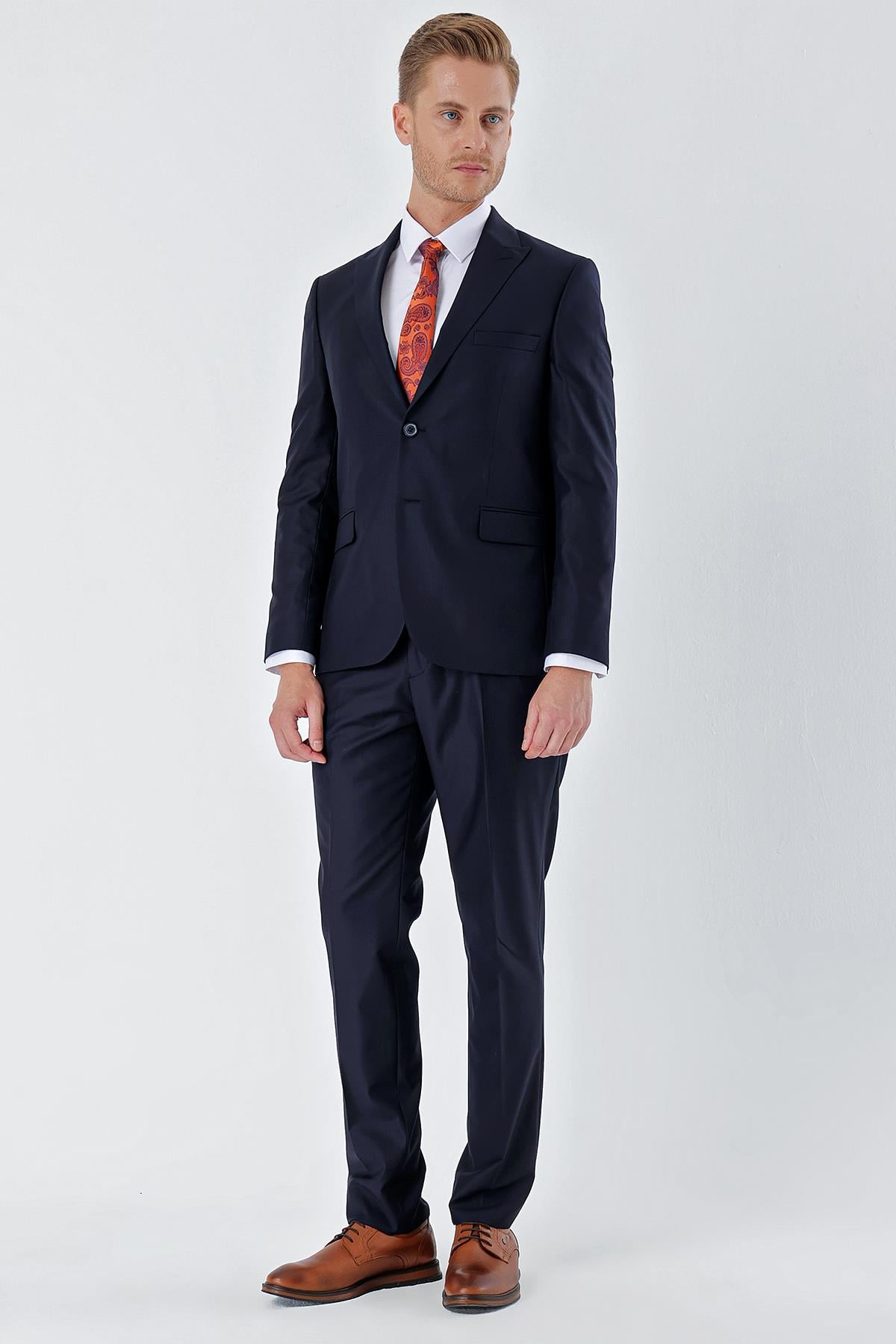 Lacivert Kırlangıç Yaka 6 Drop Slim Fit Tam Astar Esnek Takım Elbise 1001240011