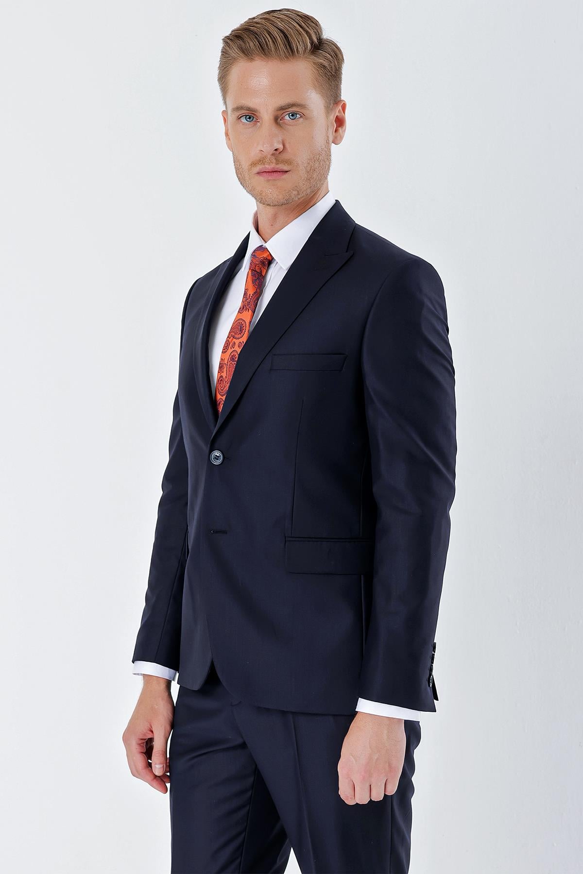 Lacivert Kırlangıç Yaka 6 Drop Slim Fit Tam Astar Esnek Takım Elbise 1001240011