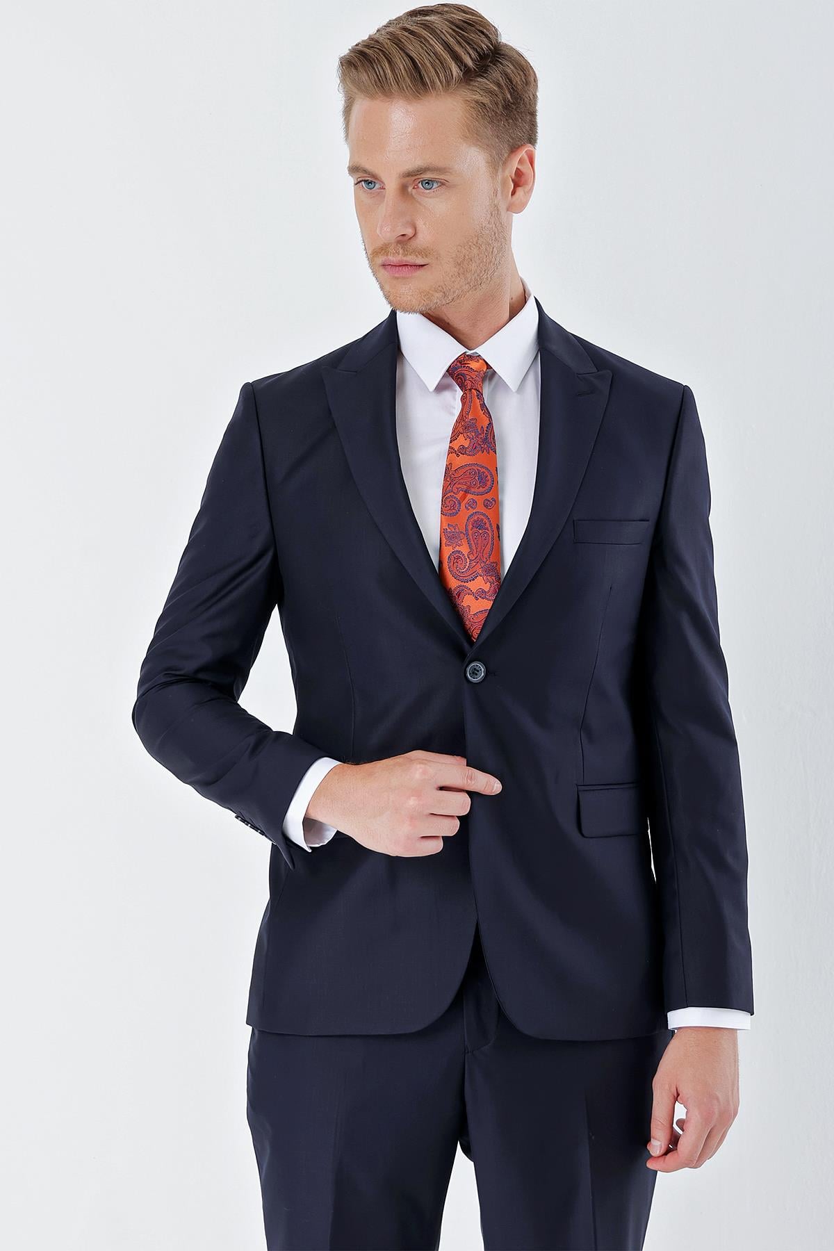 Lacivert Kırlangıç Yaka 6 Drop Slim Fit Tam Astar Esnek Takım Elbise 1001240011