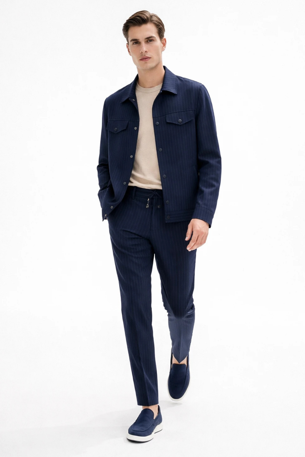 Lacivert-Gri Erkek 6 Drop Slim Fit Esnek Beli Lastikli Spor Takım Elbise 1001260176