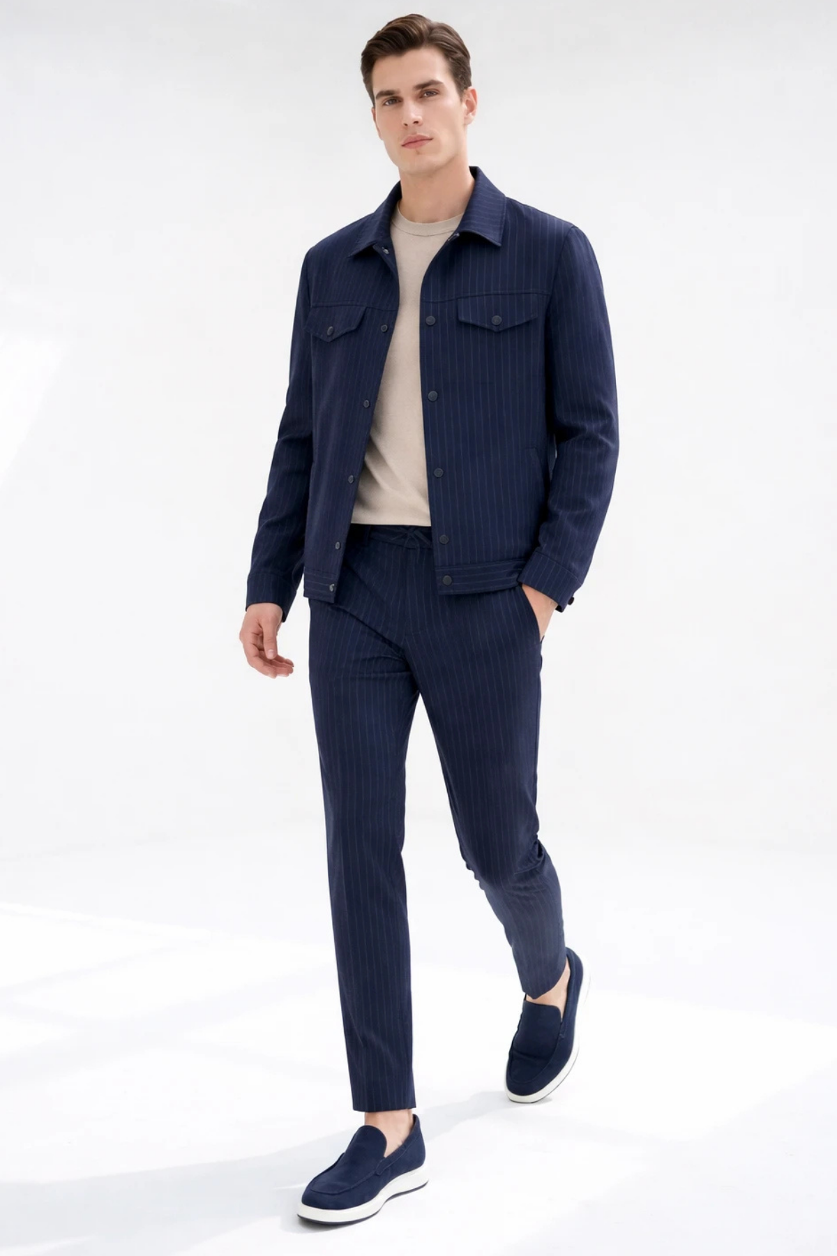 Lacivert-Gri Erkek 6 Drop Slim Fit Esnek Beli Lastikli Spor Takım Elbise 1001260176