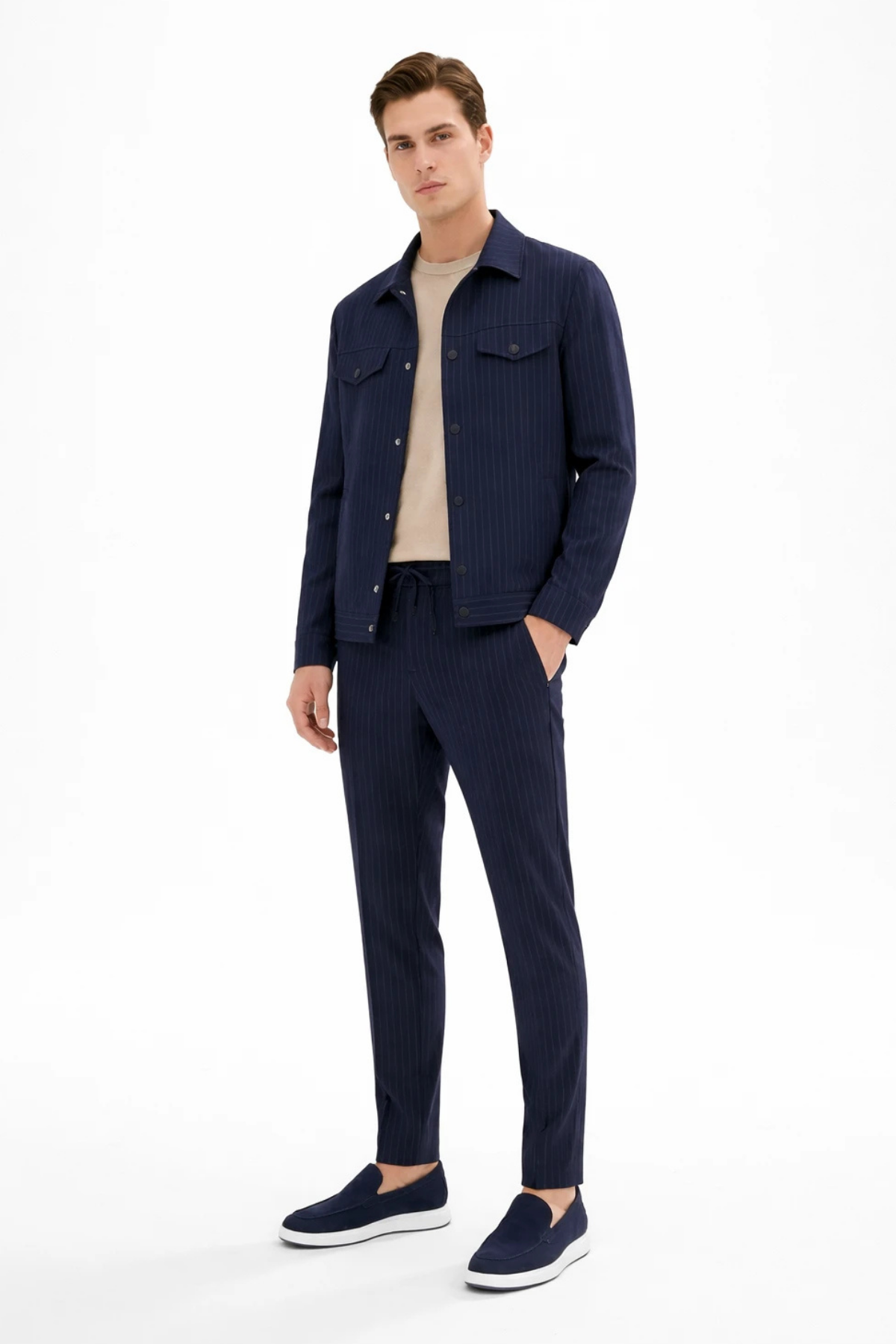 Lacivert-Gri Erkek 6 Drop Slim Fit Esnek Beli Lastikli Spor Takım Elbise 1001260176