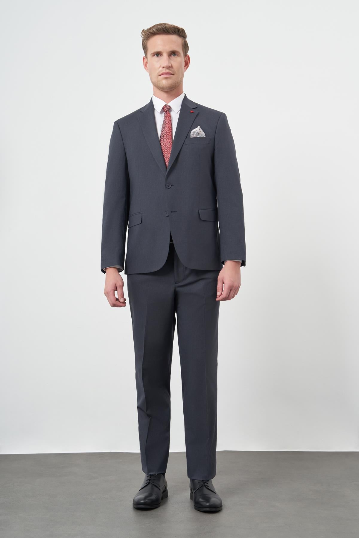 Lacivert Mono Yaka 4 Drop Comfort Fit Tam Astar Yünlü Takım Elbise 1001245168