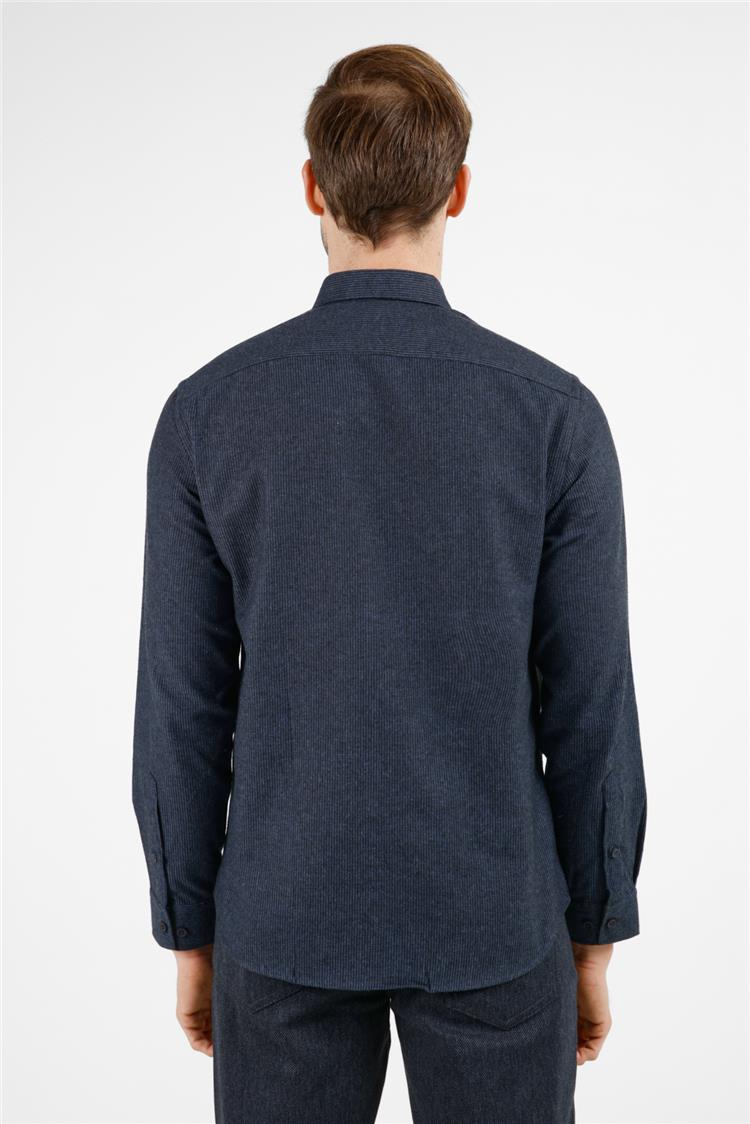 Lacivert-Mavi Düğmeli Yaka Uzun Kol Cepsiz Slim Fit Pamuklu Gömlek 1004255233