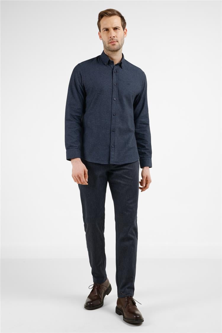 Lacivert-Mavi Düğmeli Yaka Uzun Kol Cepsiz Slim Fit Pamuklu Gömlek 1004255233