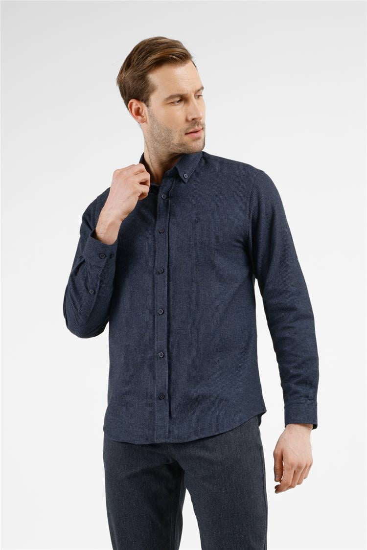 Lacivert-Mavi Düğmeli Yaka Uzun Kol Cepsiz Slim Fit Pamuklu Gömlek 1004255233