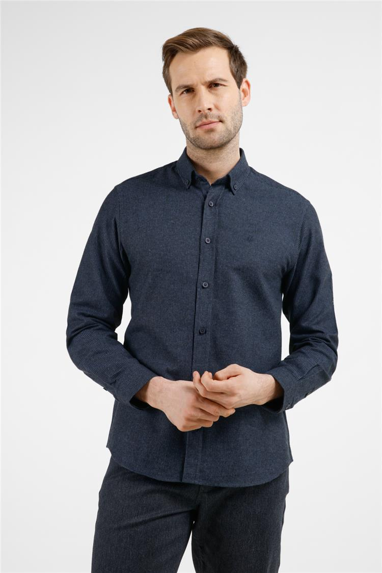 Lacivert-Mavi Düğmeli Yaka Uzun Kol Cepsiz Slim Fit Pamuklu Gömlek 1004255233