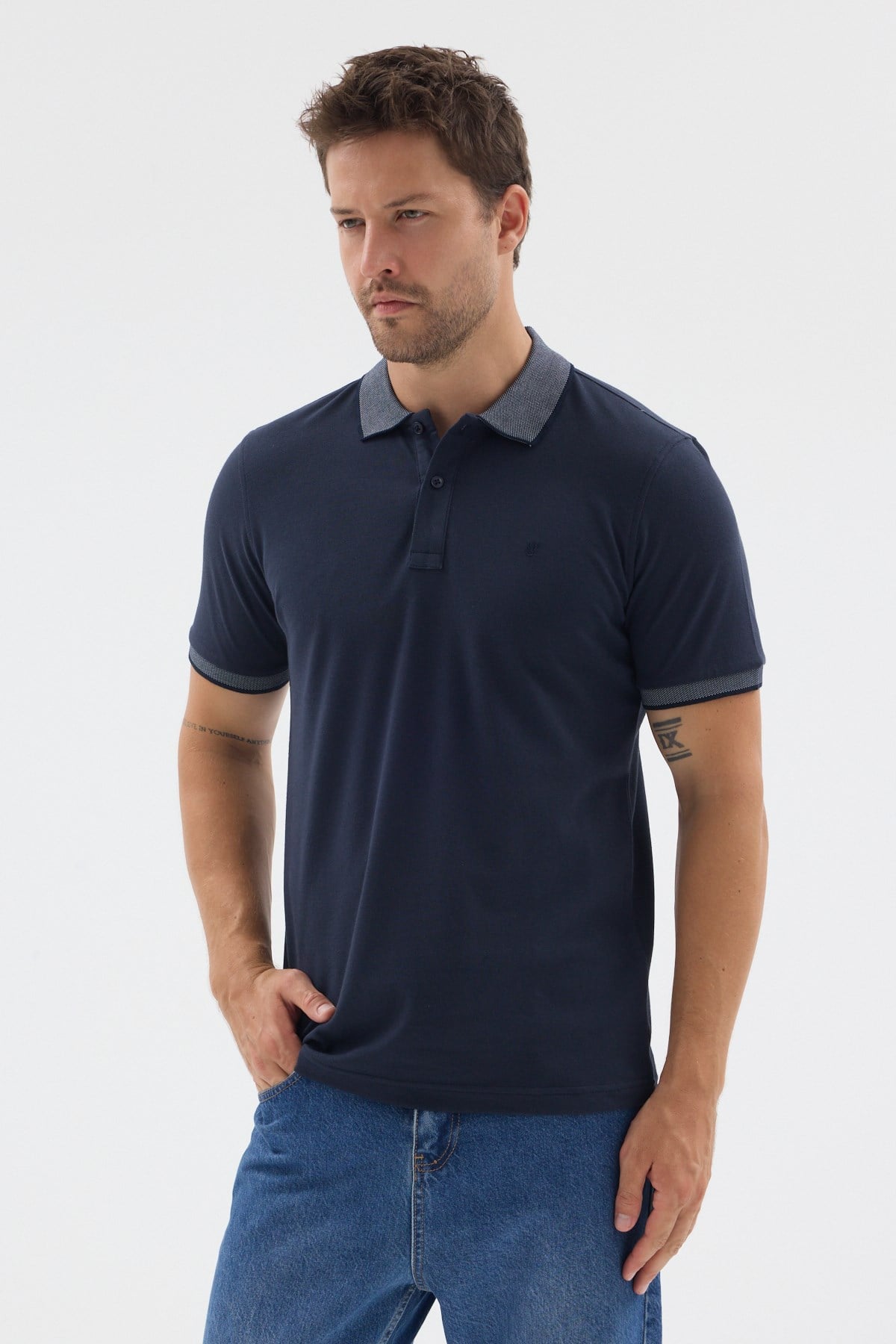 Lacivert-Mavi Polo Yaka Pike Kısa Kol Slim Fit %100 Pamuk Tişört 1011260171