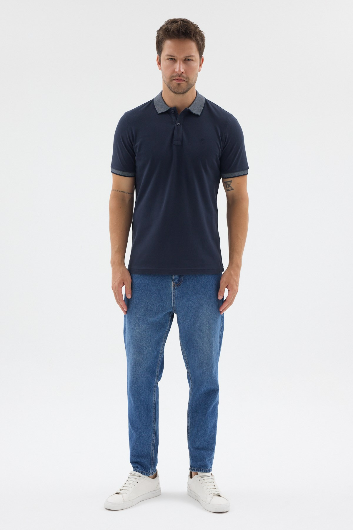 Lacivert-Mavi Polo Yaka Pike Kısa Kol Slim Fit %100 Pamuk Tişört 1011260171