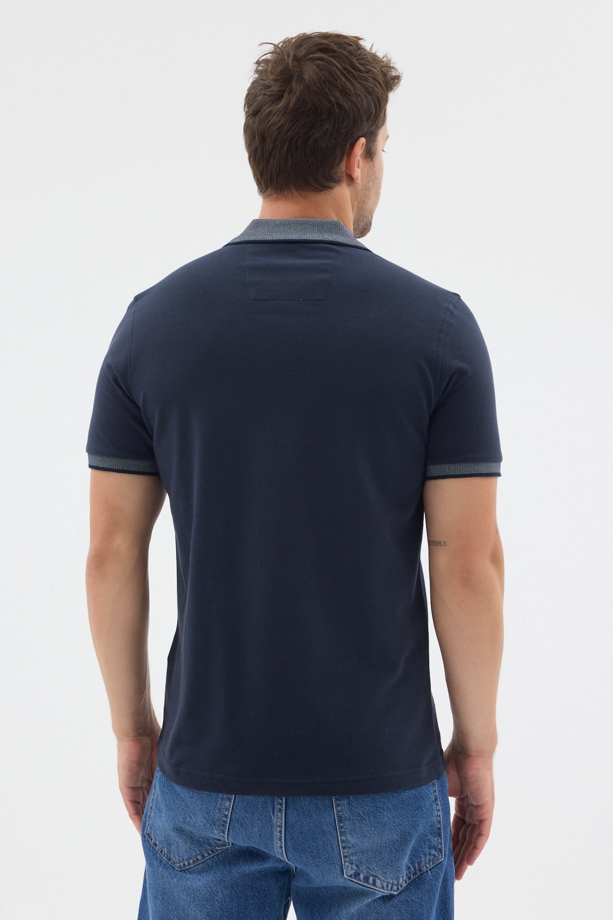 Lacivert-Mavi Polo Yaka Pike Kısa Kol Slim Fit %100 Pamuk Tişört 1011260171