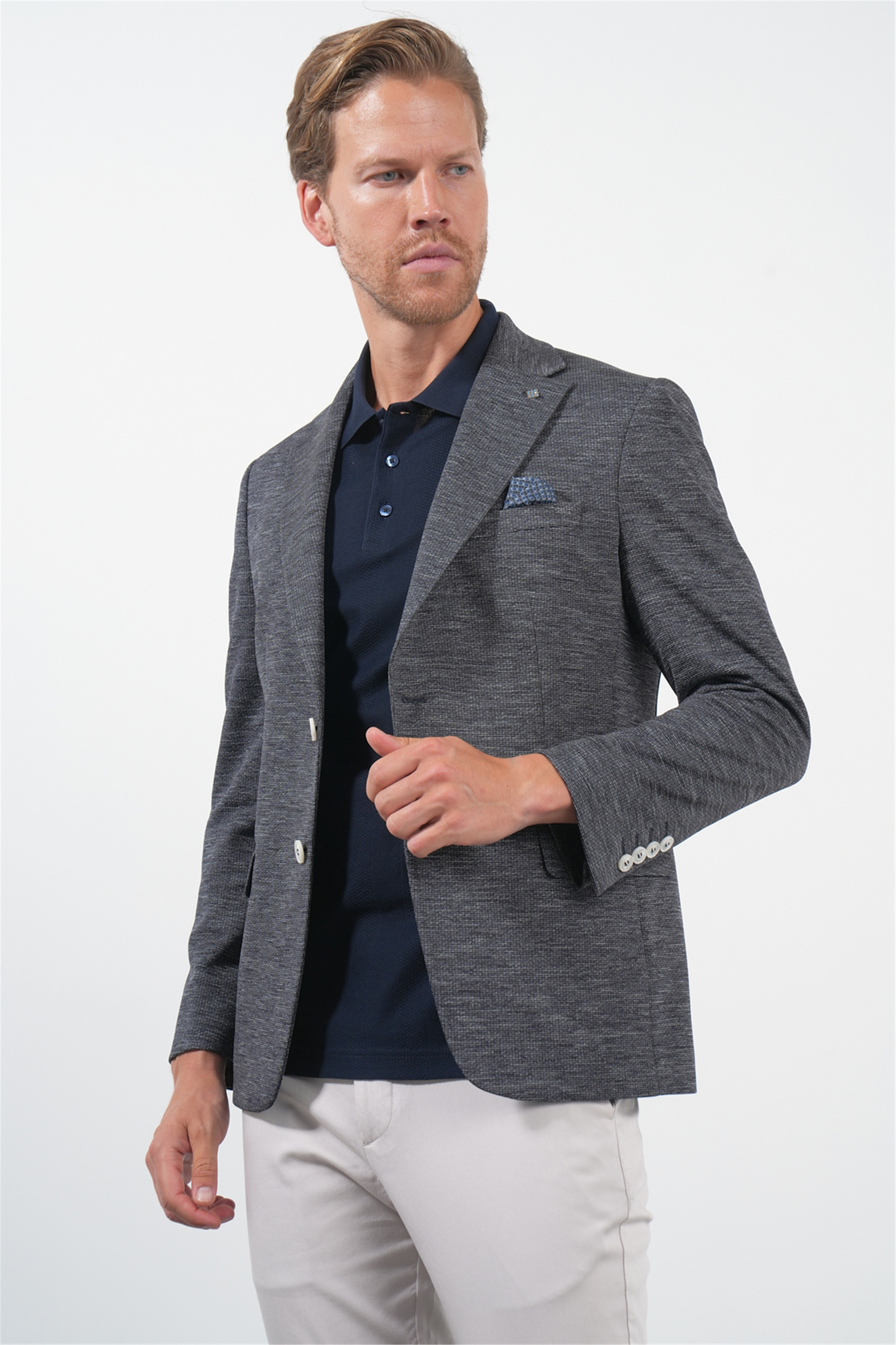 Lacivert Mono Yaka Örme 6 Drop Slim Fit Ceket 1002260152
