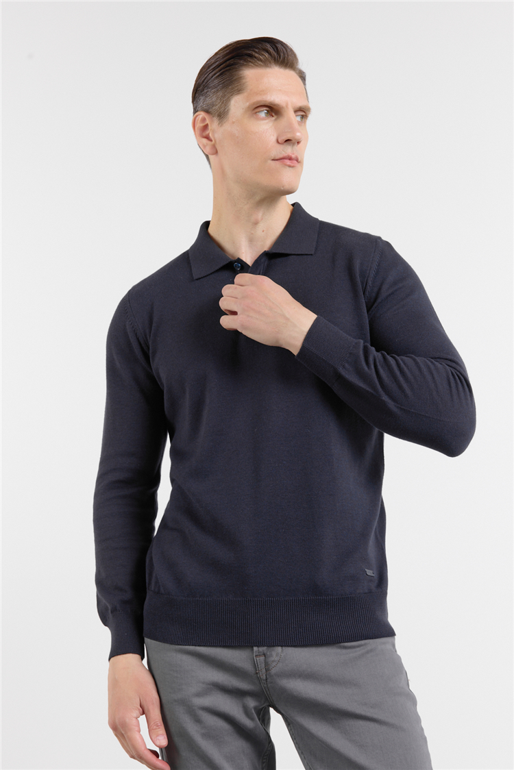 Lacivert Polo Yaka Cepsiz Comfort Fit Classic Triko Kazak 1012255255
