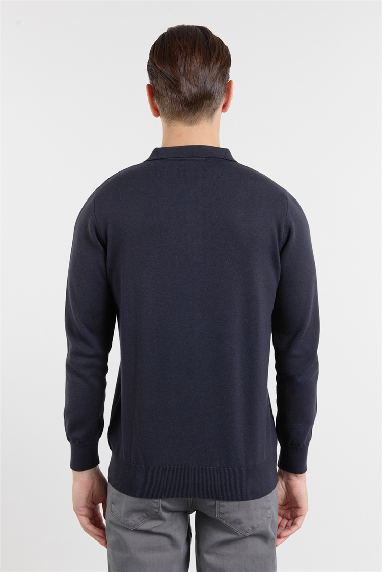 Lacivert Polo Yaka Cepsiz Comfort Fit Classic Triko Kazak 1012255255