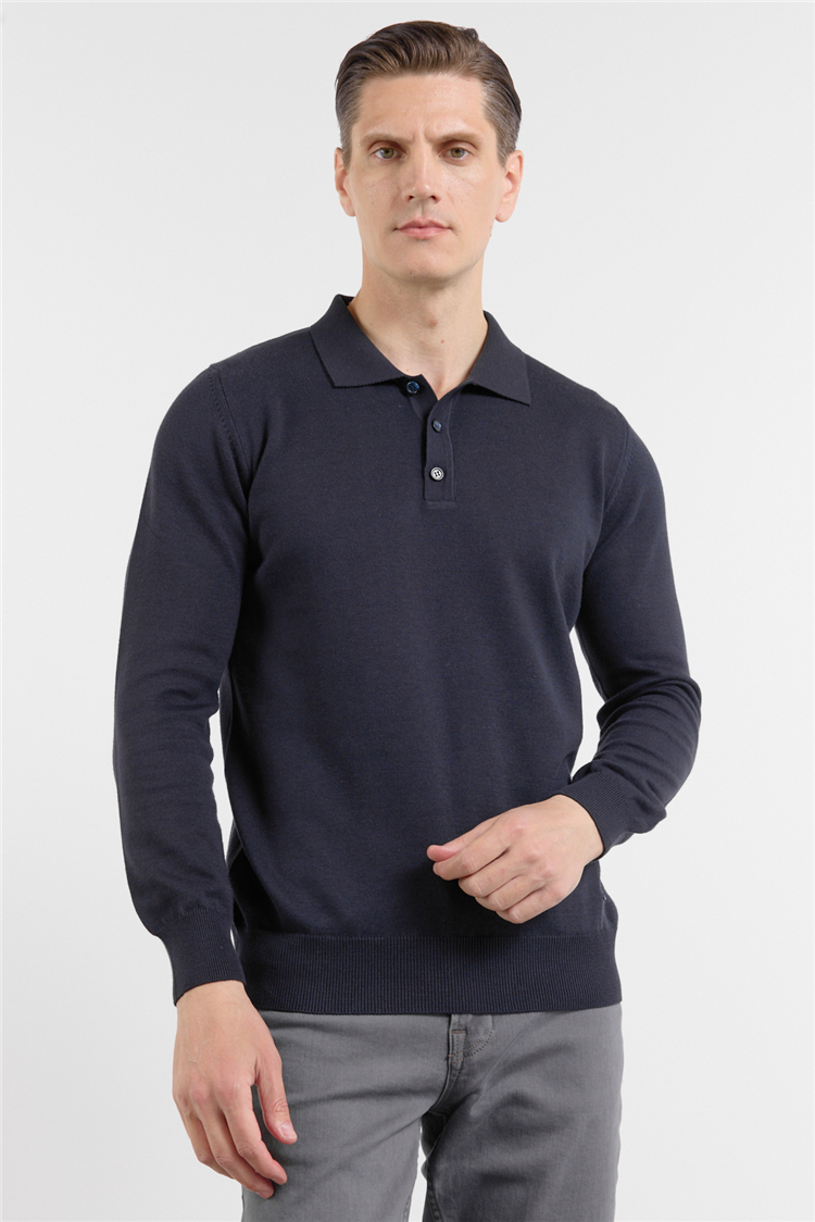 Lacivert Polo Yaka Cepsiz Comfort Fit Classic Triko Kazak 1012255255