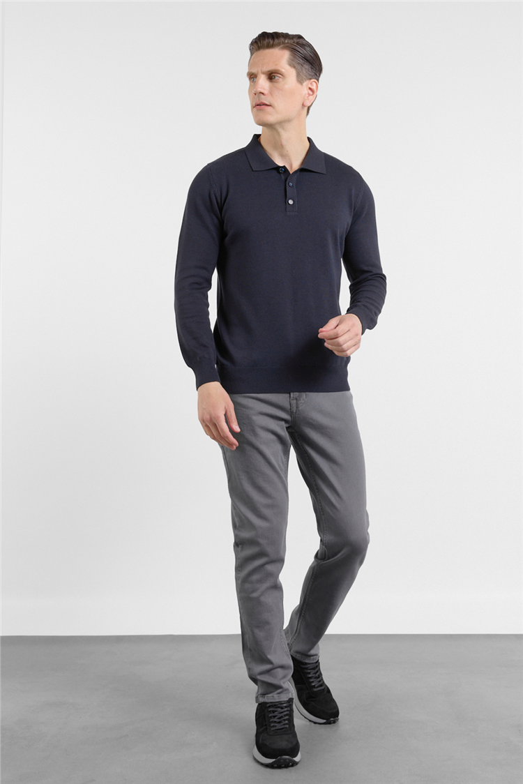Lacivert Polo Yaka Cepsiz Comfort Fit Classic Triko Kazak 1012255255