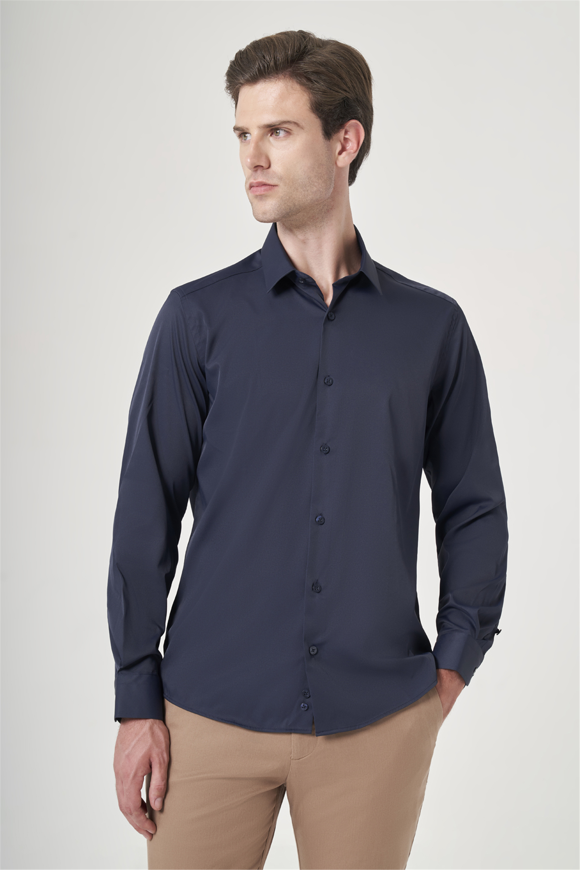 Lacivert Sert Yaka Uzun Kol Cepsiz Slim Fit Esnek Su İtici Gömlek 1004260234