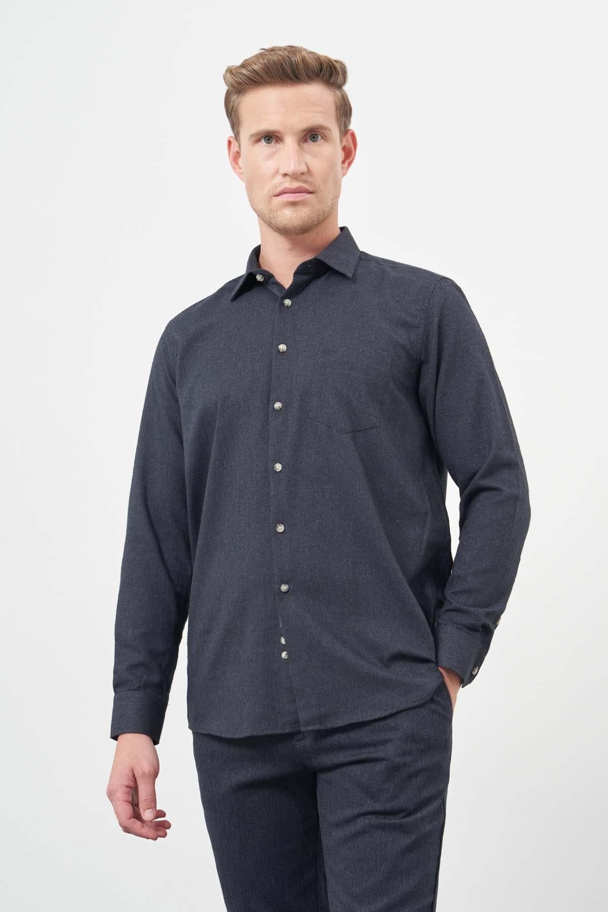 Uzun Kol Düz Gabardin Sert Yaka Cepli Pamuklu Classic Comfort Fit Gömlek 1004245168