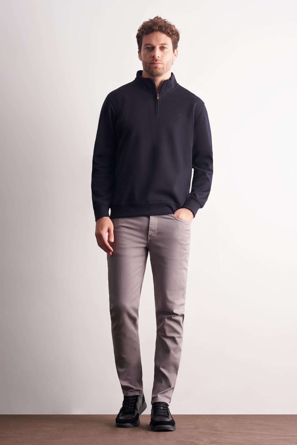 Uzun Kol Dik Yaka Düz Pamuklu Comfort Fit Sweatshirt 1013255151