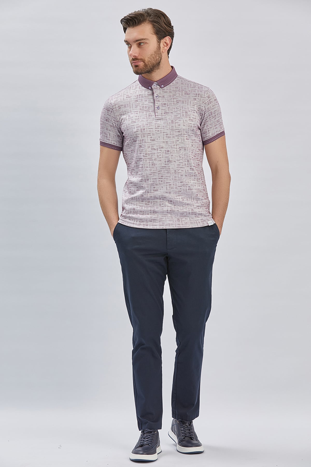 Mor Desenli Merserize Düğmeli Yaka Pamuklu Casual Slim Fit Dar Kesim Tişört 1011240160