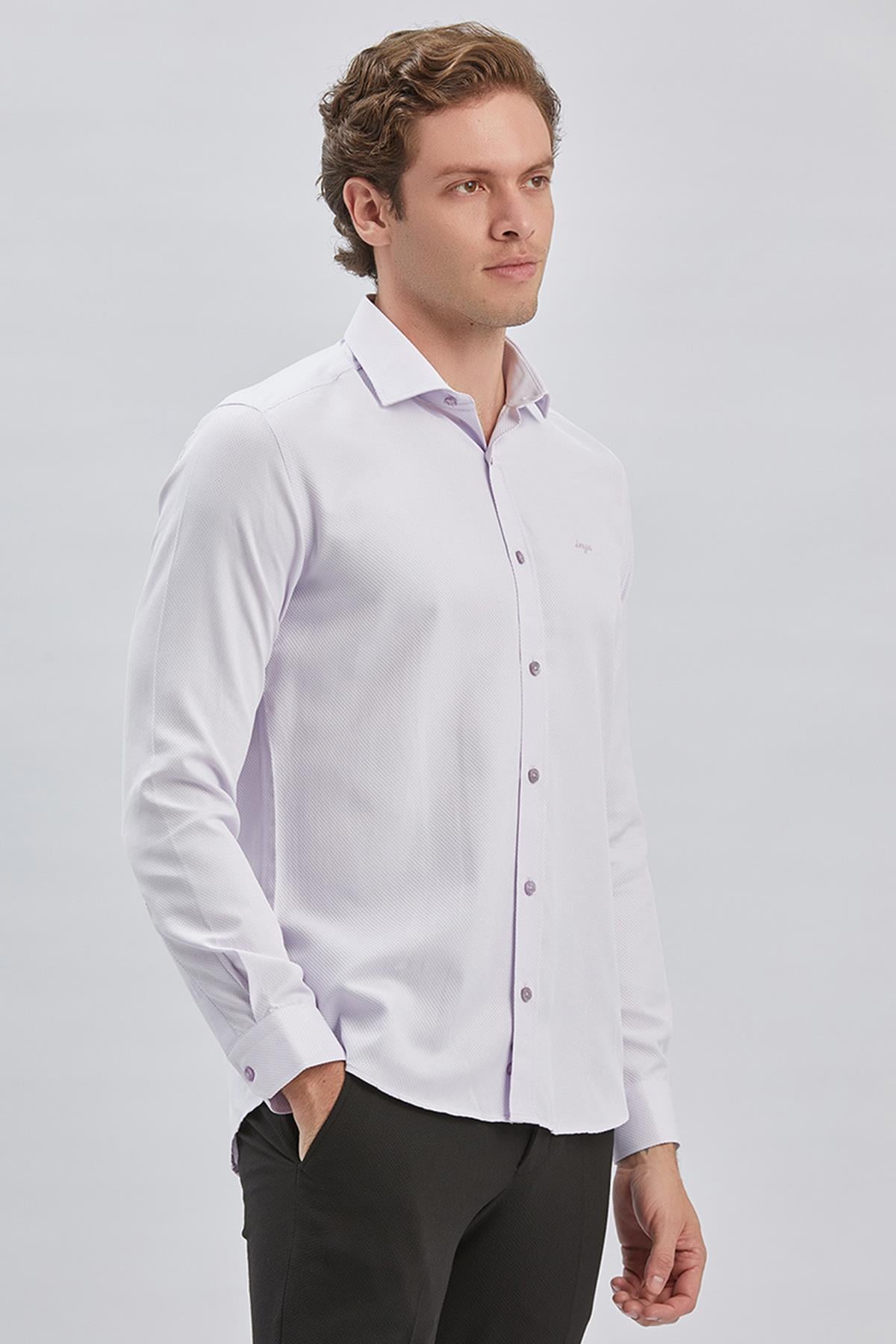 Mor Uzun Kol Kendinden Desenli Armürlü Yarım İtalyan Yaka Classic Slim Fit Gömlek 1004240250