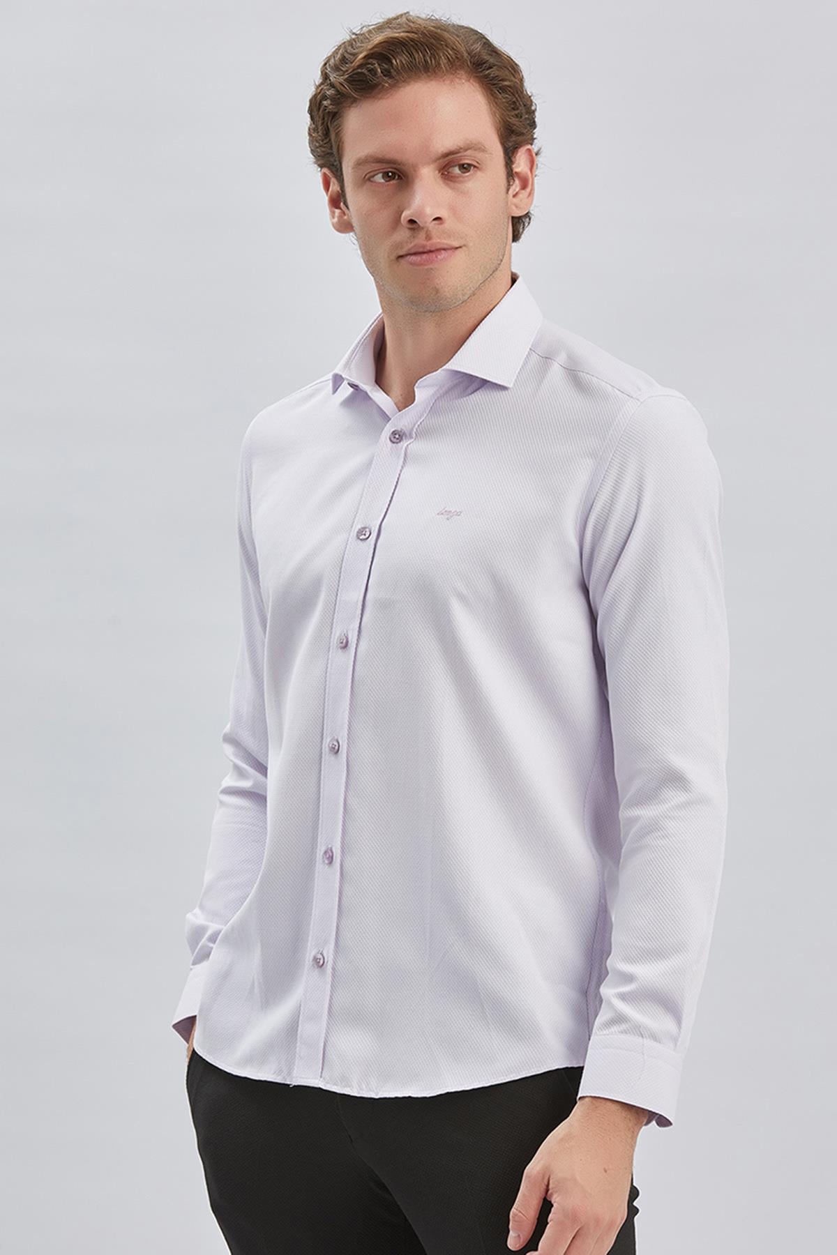 Mor Uzun Kol Kendinden Desenli Armürlü Yarım İtalyan Yaka Classic Slim Fit Gömlek 1004240250