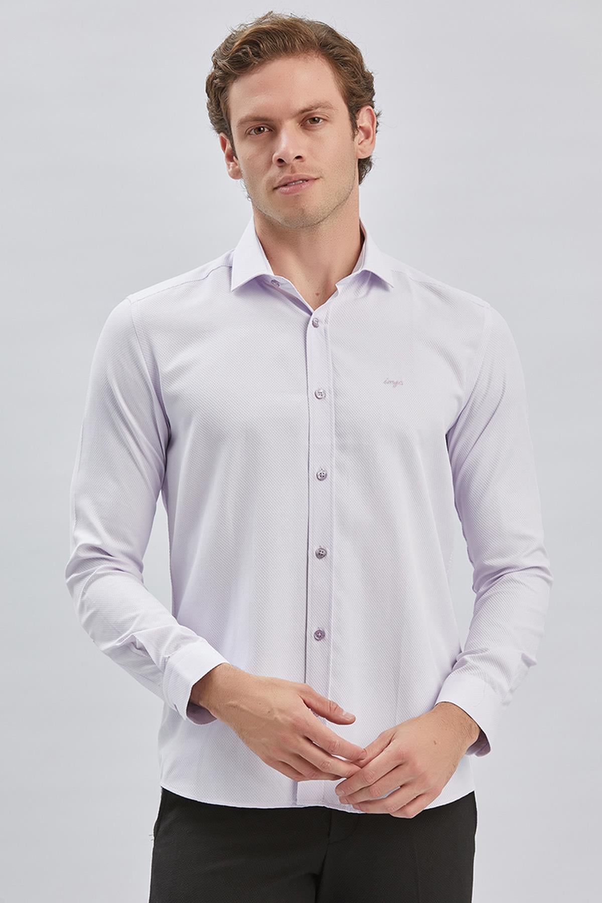 Mor Uzun Kol Kendinden Desenli Armürlü Yarım İtalyan Yaka Classic Slim Fit Gömlek 1004240250