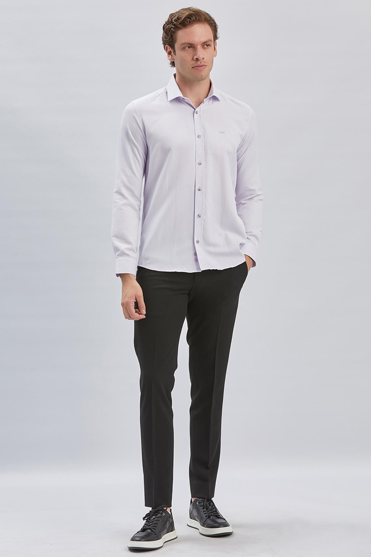 Mor Uzun Kol Kendinden Desenli Armürlü Yarım İtalyan Yaka Classic Slim Fit Gömlek 1004240250