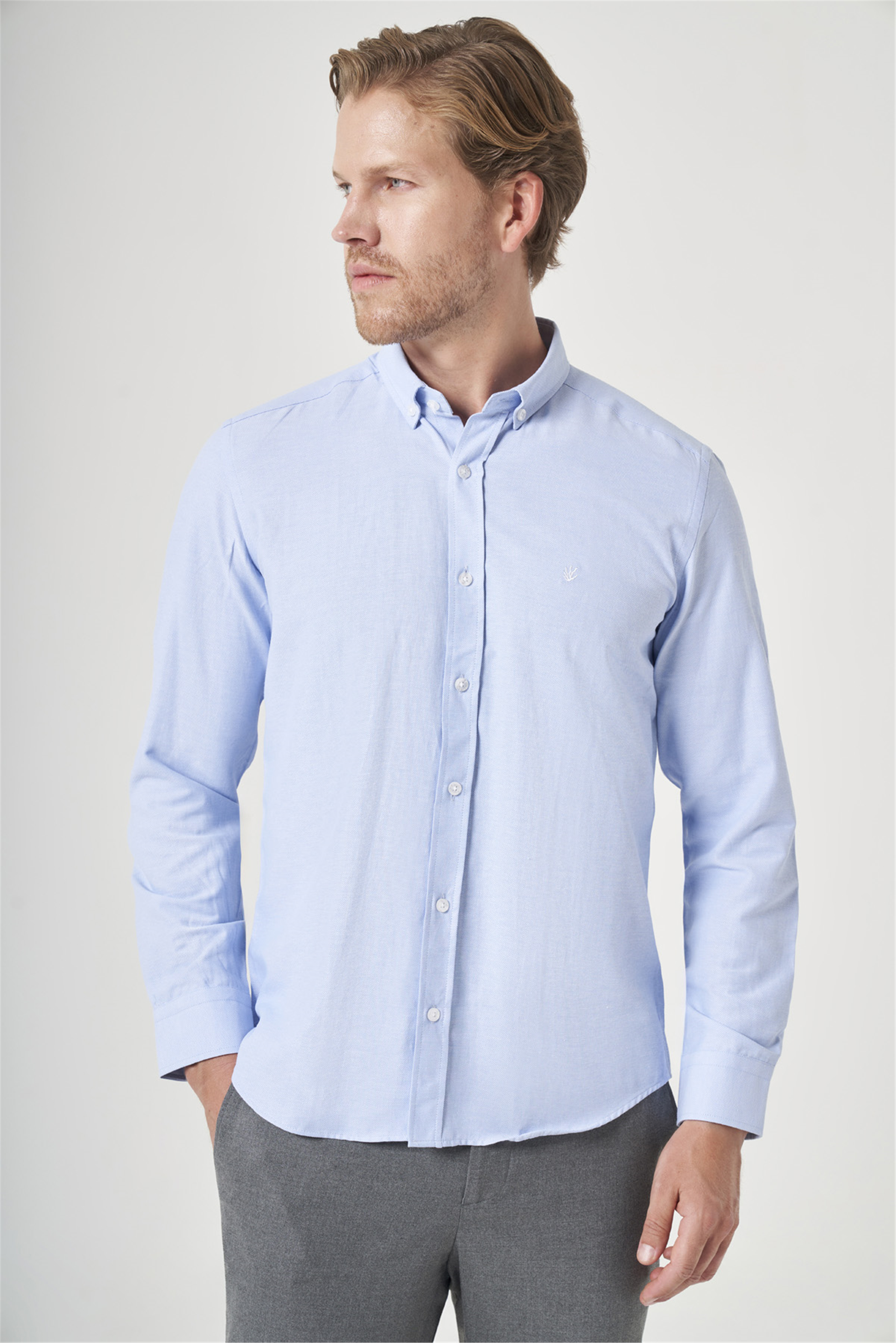 Mavi Düğmeli Yaka Oxford Slim Fit Pamuklu Gömlek 1004265284