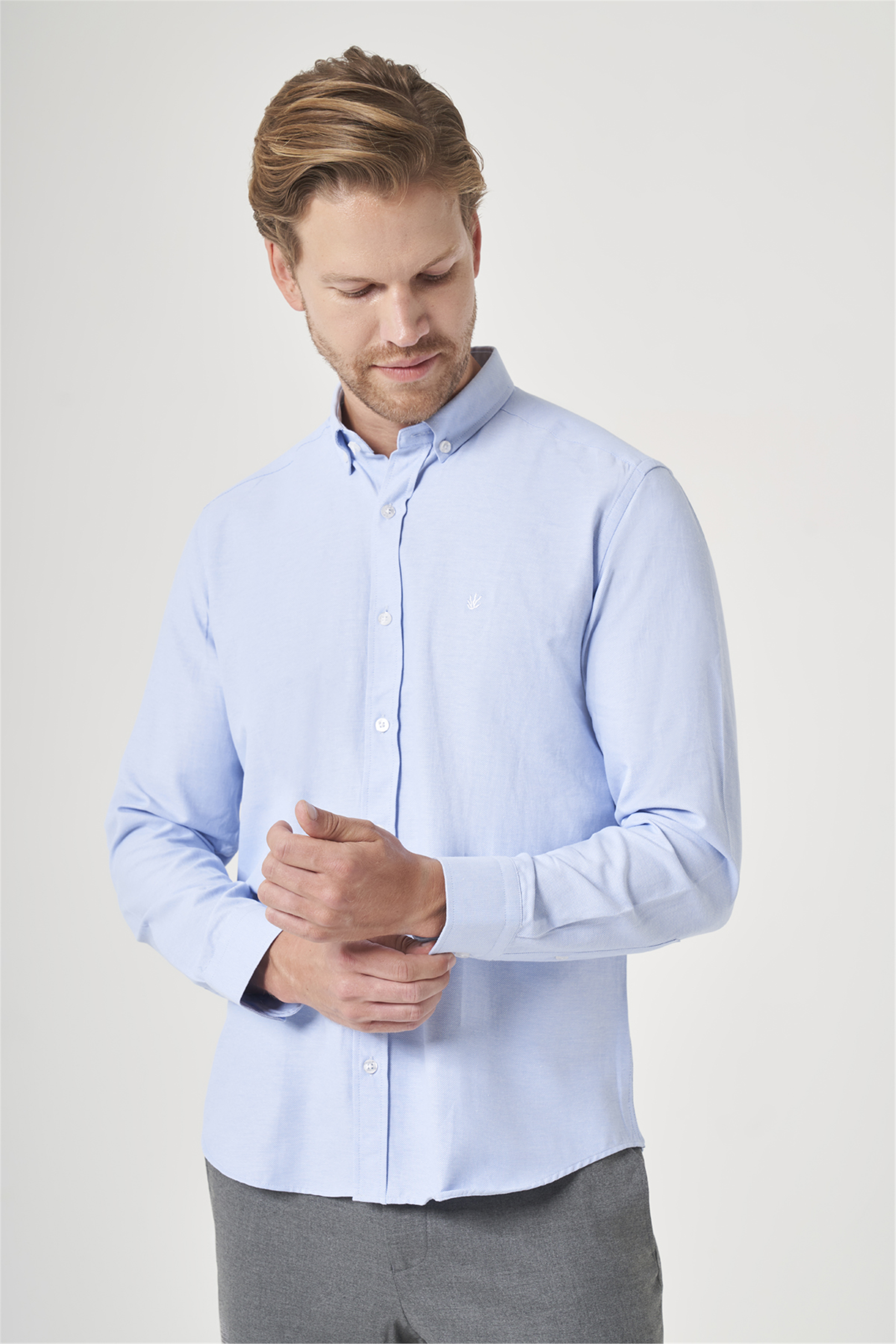 Mavi Düğmeli Yaka Oxford Slim Fit Pamuklu Gömlek 1004265284