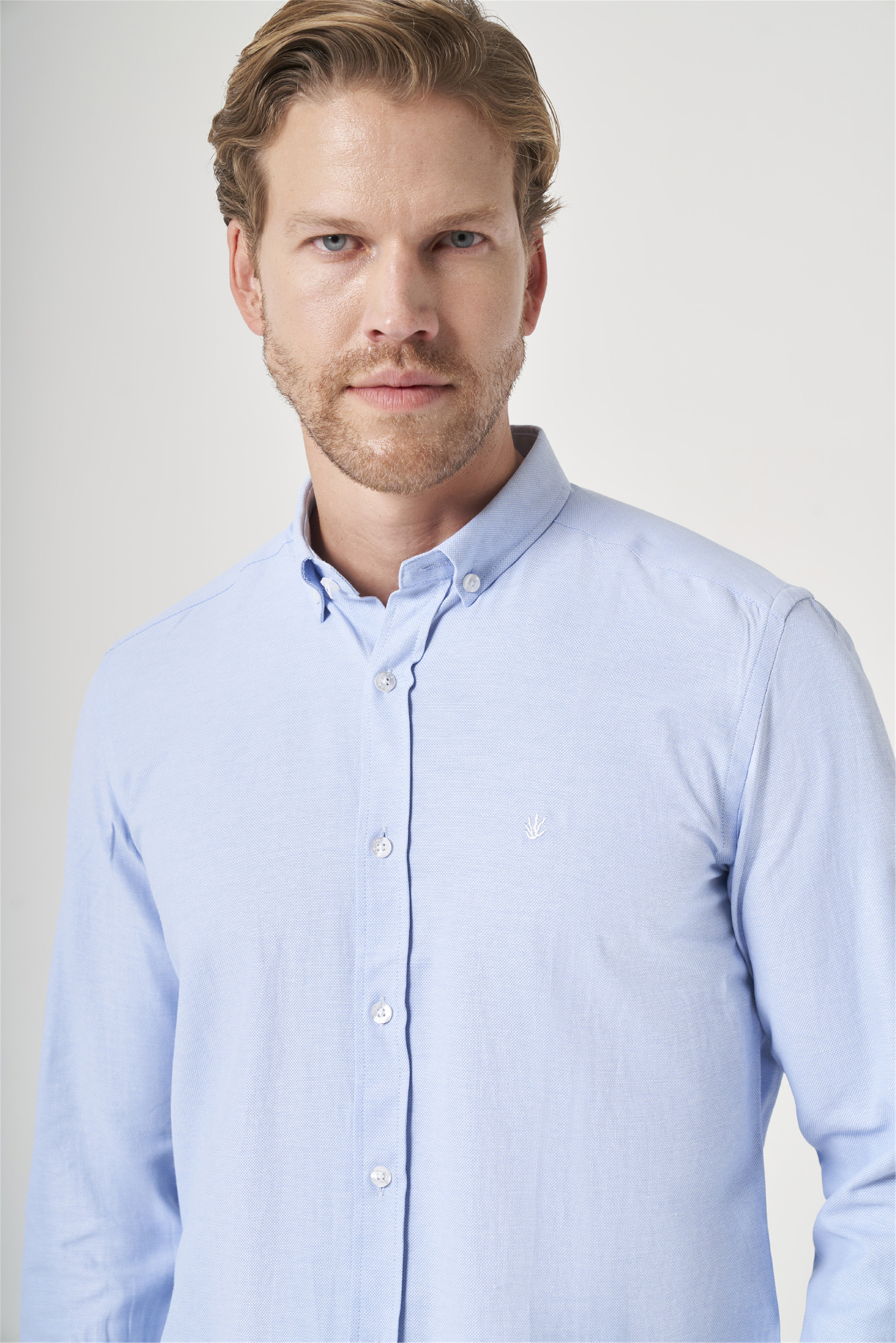Mavi Düğmeli Yaka Oxford Slim Fit Pamuklu Gömlek 1004265284