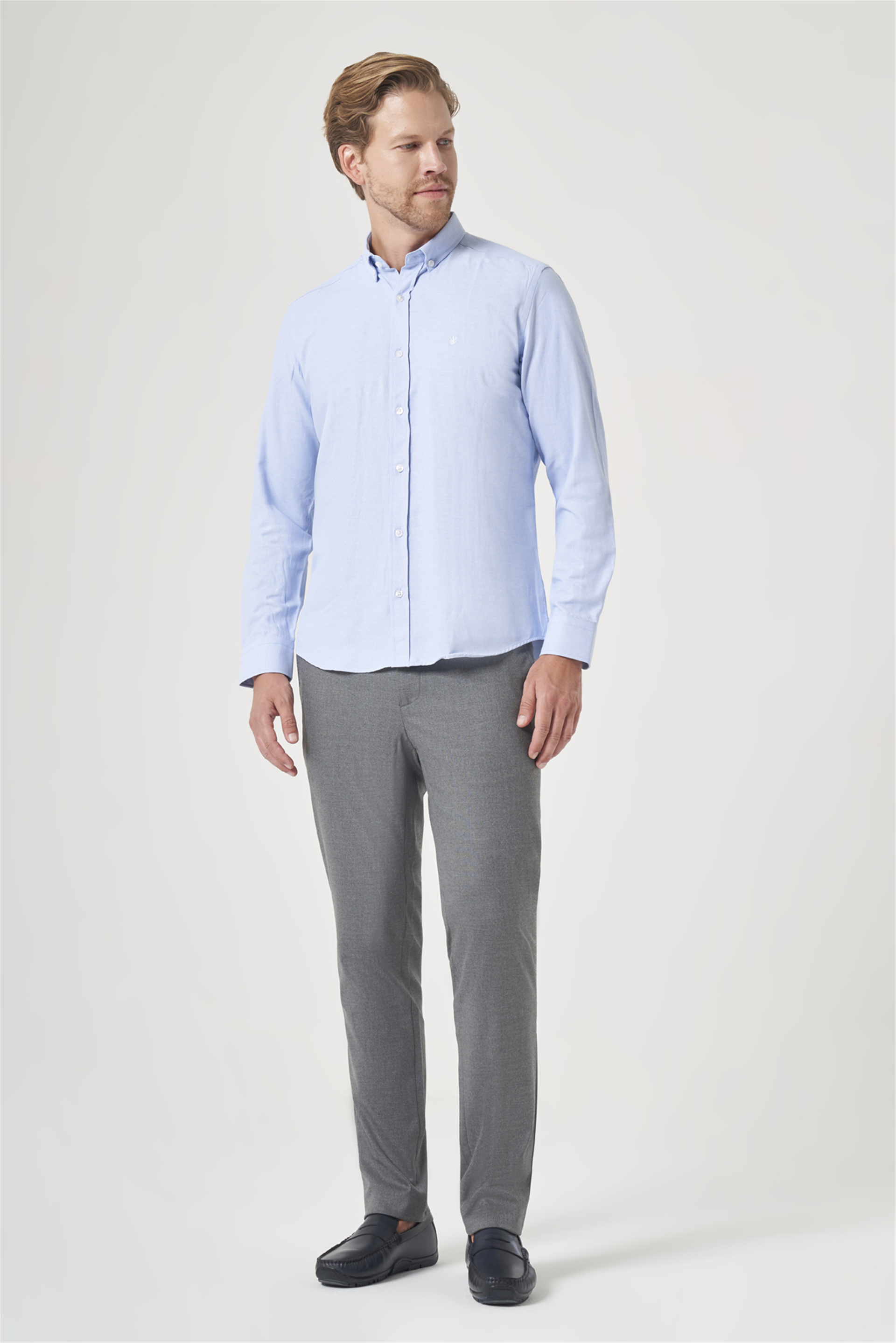 Mavi Düğmeli Yaka Oxford Slim Fit Pamuklu Gömlek 1004265284