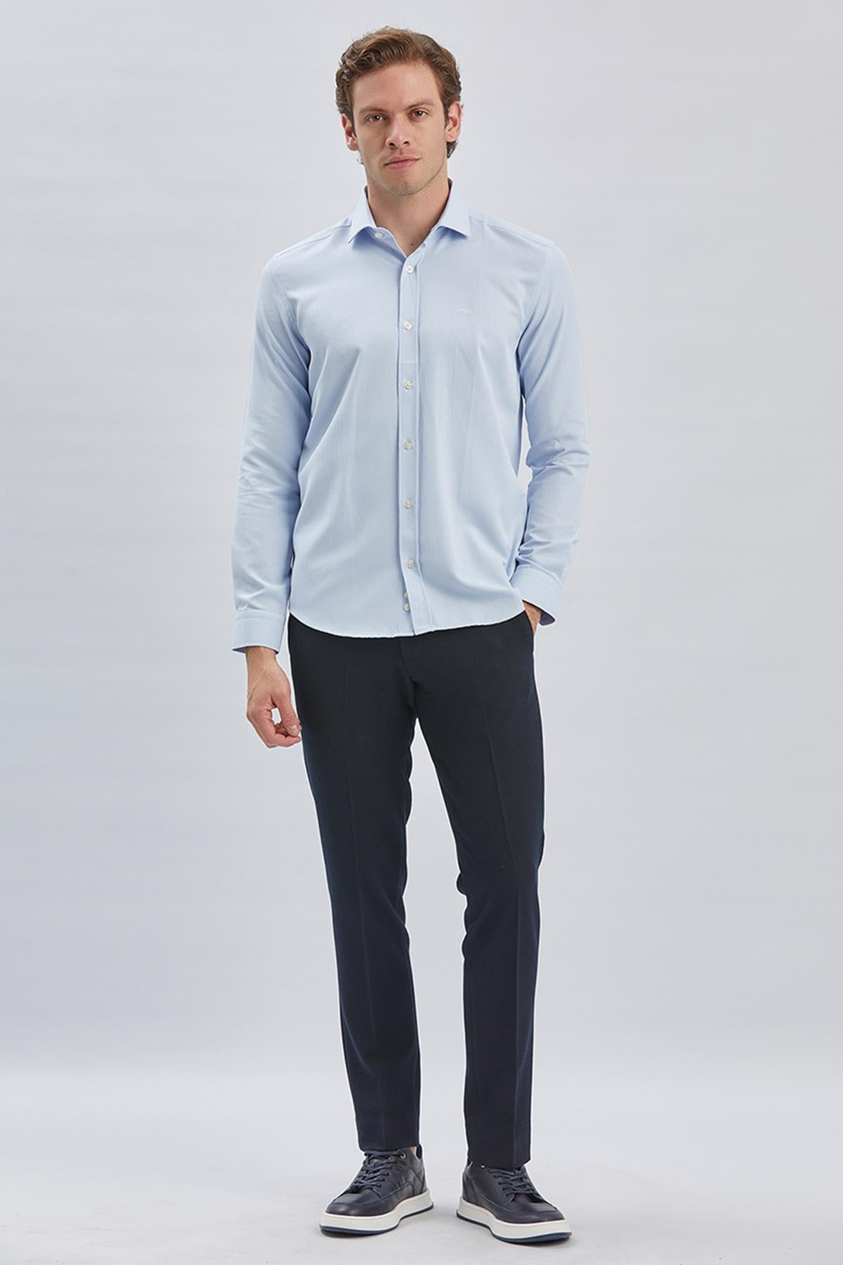 Mavi Uzun Kol Kendinden Desenli Armürlü Yarım İtalyan Yaka Classic Slim Fit Gömlek 1004240250