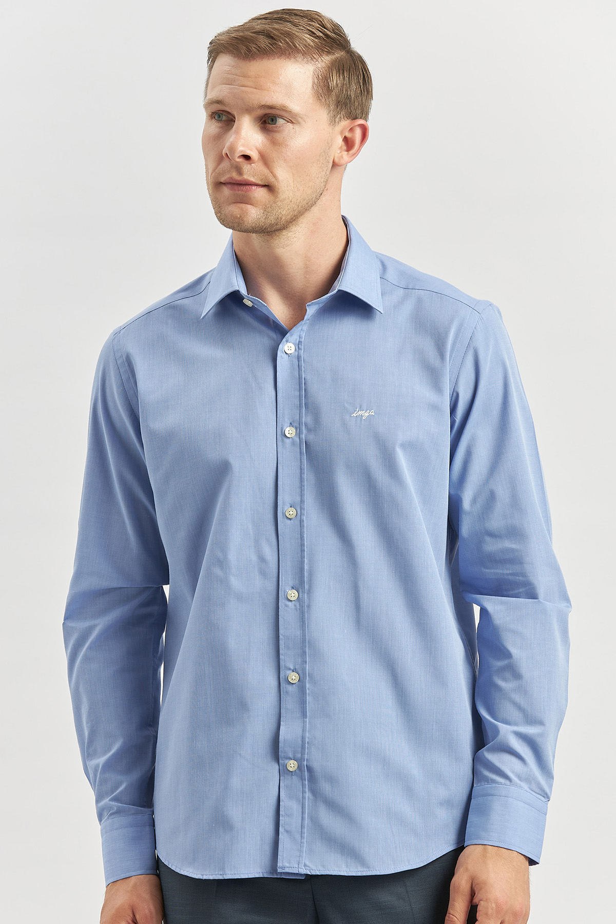 Mavi Uzun Kol Düz Filafil Sert Yaka Cepsiz Pamuklu Classic Slim Fit Gömlek 1004240913