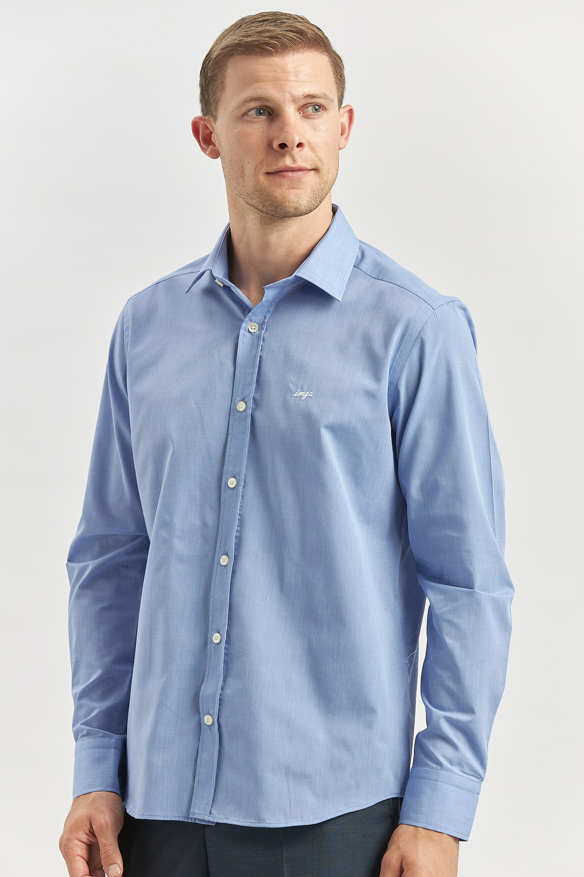 Mavi Uzun Kol Düz Filafil Sert Yaka Cepsiz Pamuklu Classic Slim Fit Gömlek 1004240913