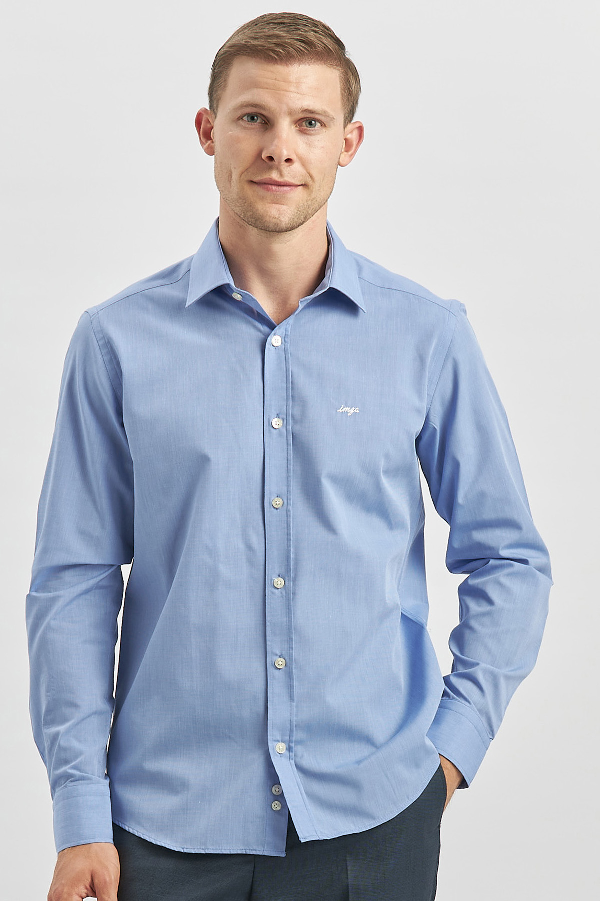 Mavi Uzun Kol Düz Filafil Sert Yaka Cepsiz Pamuklu Classic Slim Fit Gömlek 1004240913