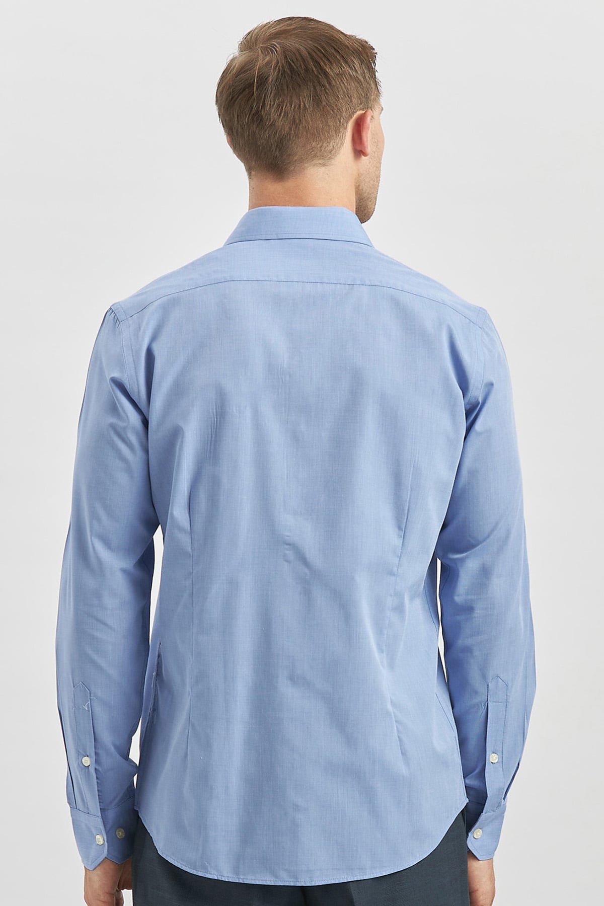 Mavi Uzun Kol Düz Filafil Sert Yaka Cepsiz Pamuklu Classic Slim Fit Gömlek 1004240913