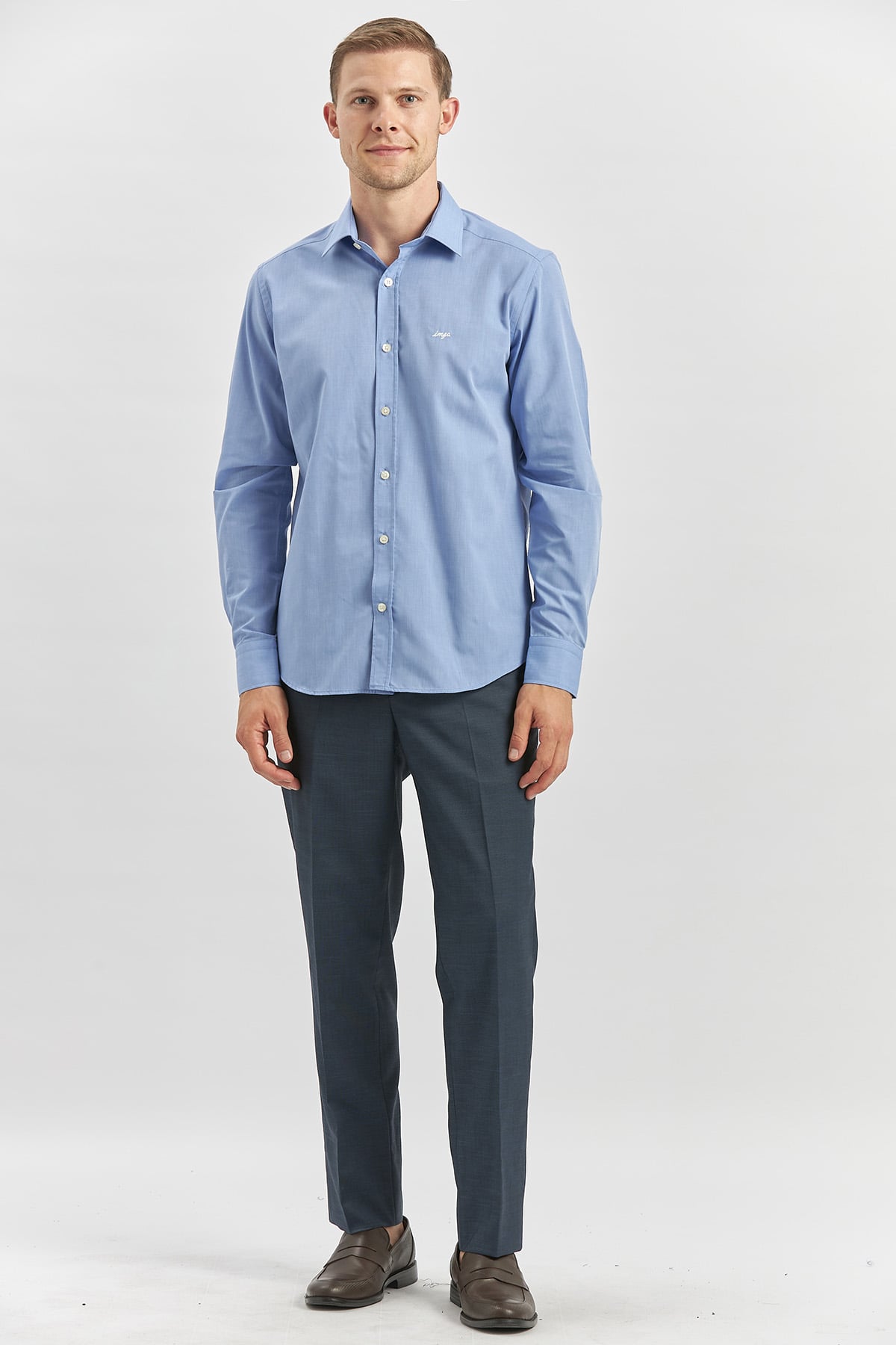 Mavi Uzun Kol Düz Filafil Sert Yaka Cepsiz Pamuklu Classic Slim Fit Gömlek 1004240913