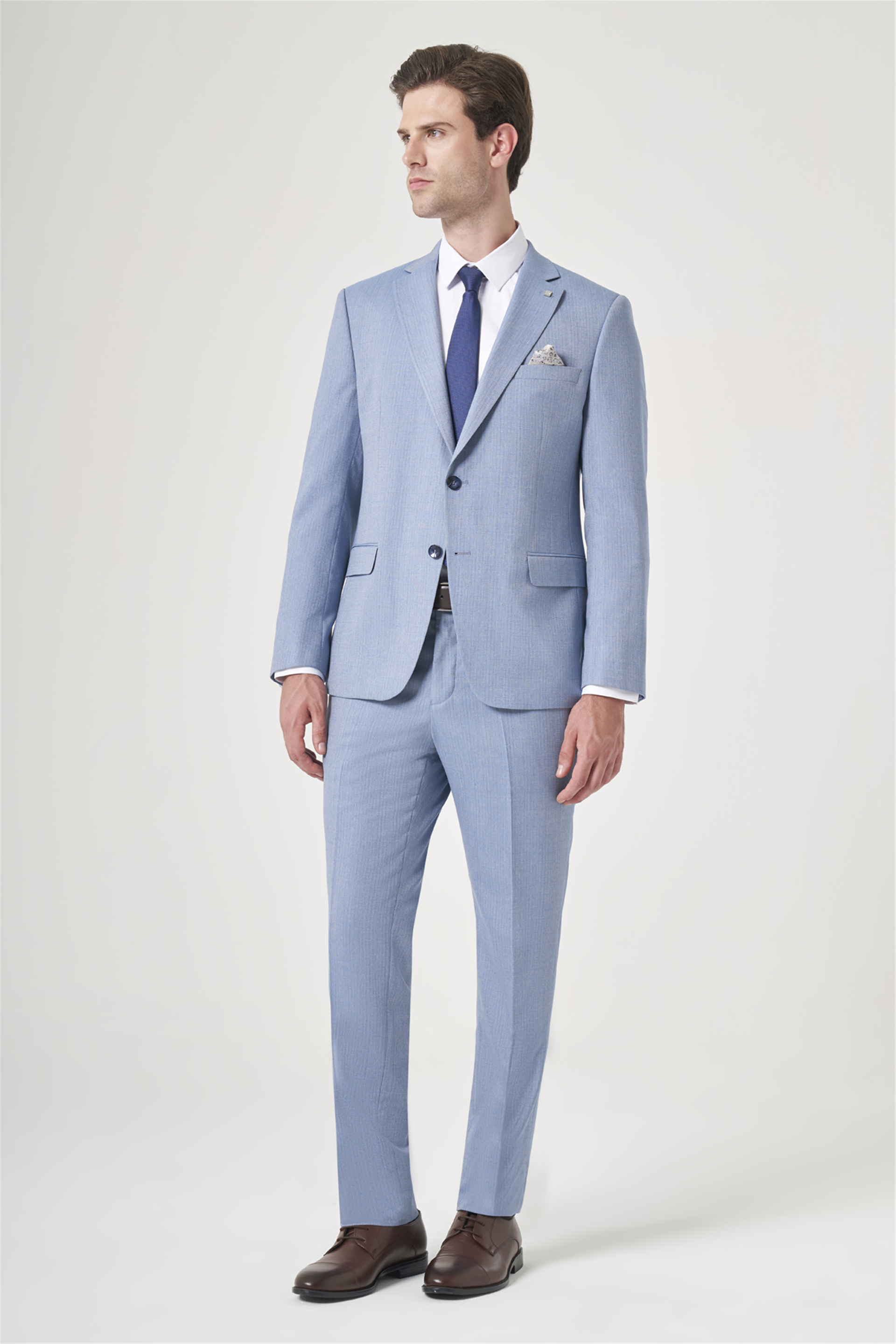 Mavi-Gri Mono Yaka Çizgili 6 Drop Slim Fit Tam Astar Esnek Takım Elbise 1001260901