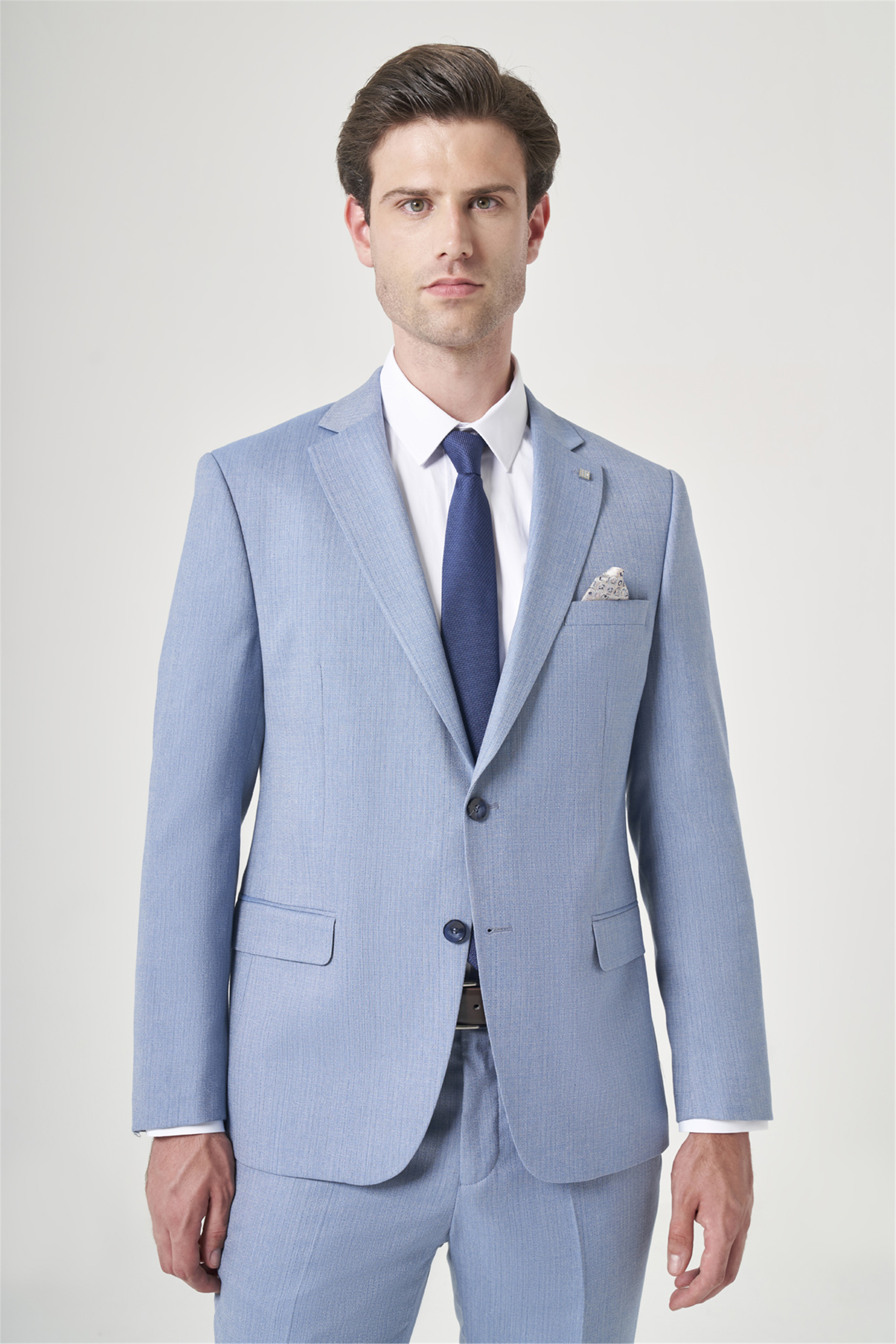 Mavi-Gri Mono Yaka Çizgili 6 Drop Slim Fit Tam Astar Esnek Takım Elbise 1001260901