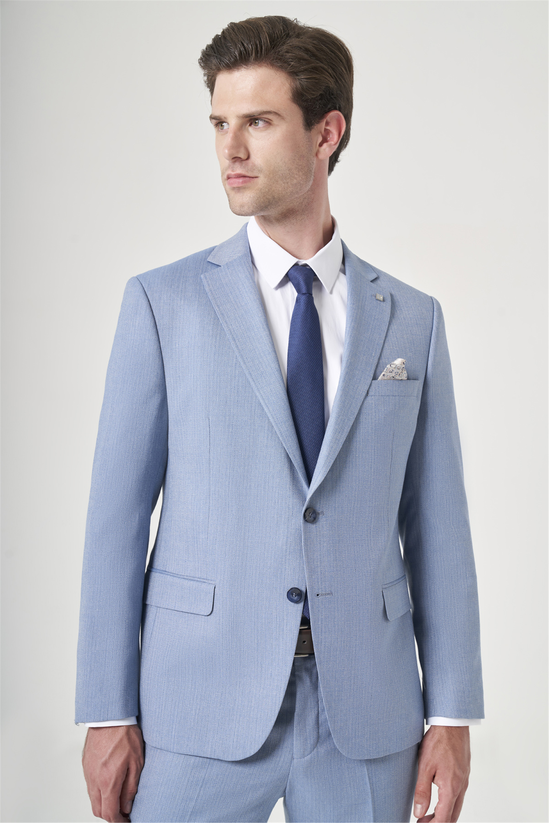 Mavi-Gri Mono Yaka Çizgili 6 Drop Slim Fit Tam Astar Esnek Takım Elbise 1001260901