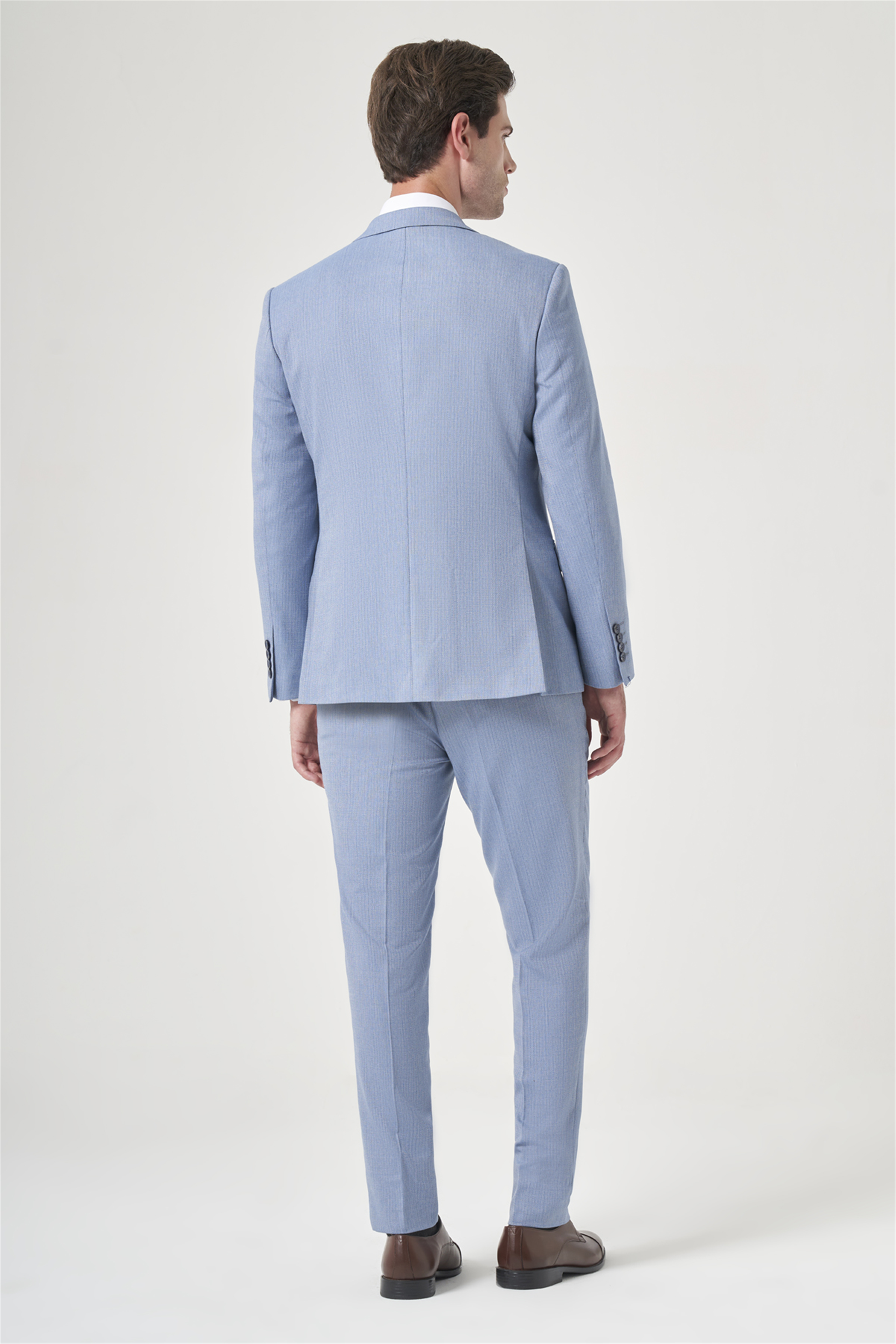 Mavi-Gri Mono Yaka Çizgili 6 Drop Slim Fit Tam Astar Esnek Takım Elbise 1001260901
