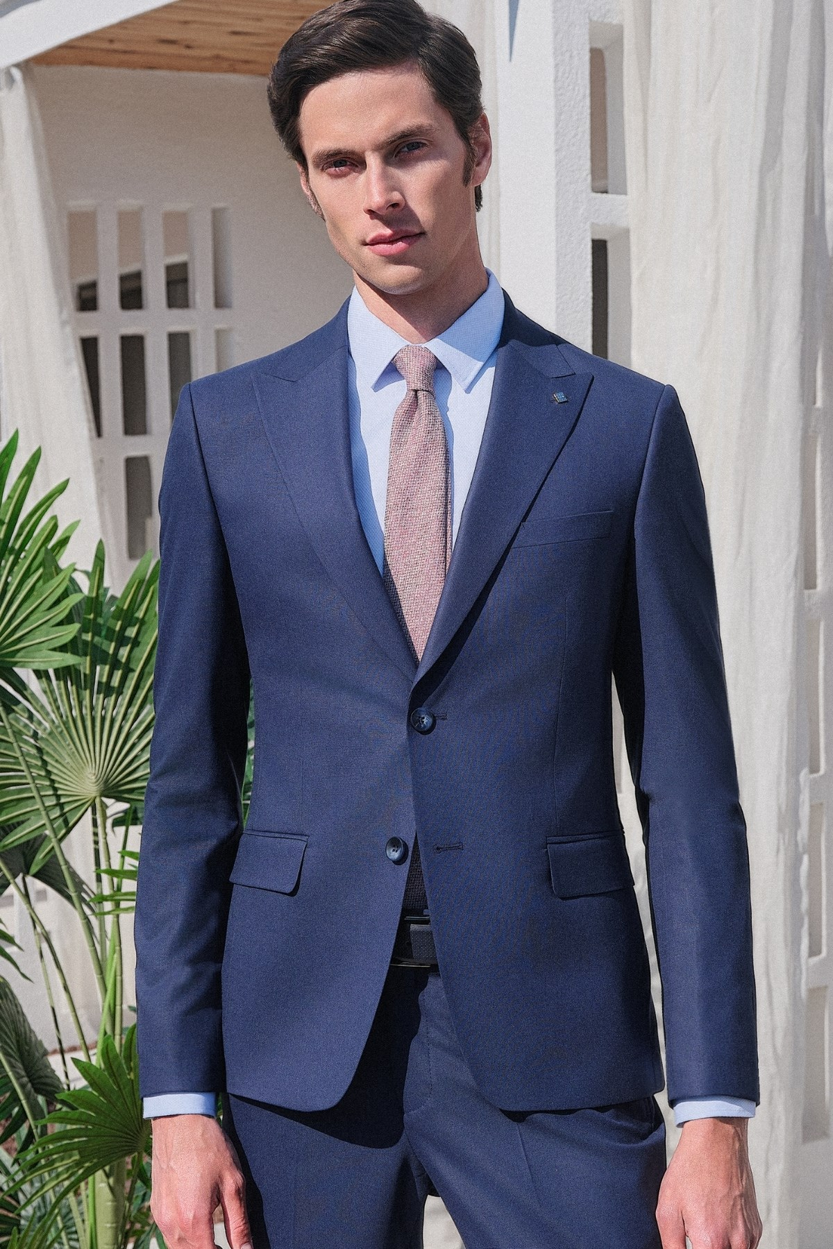Mavi Dokulu Sert Yaka Uzun Kol Cepsiz Slim Fit Pamuklu Gömlek 1004255283