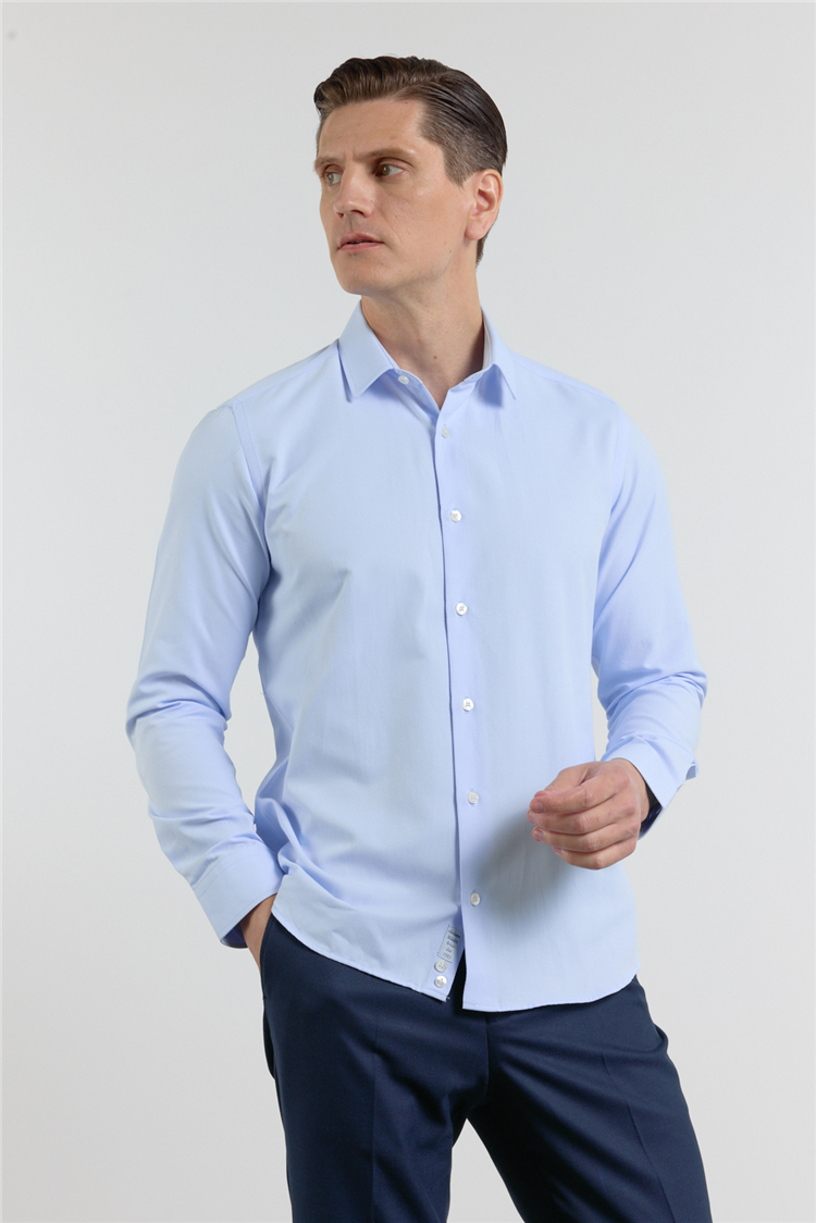 Mavi Dokulu Sert Yaka Uzun Kol Cepsiz Slim Fit Pamuklu Gömlek 1004255283