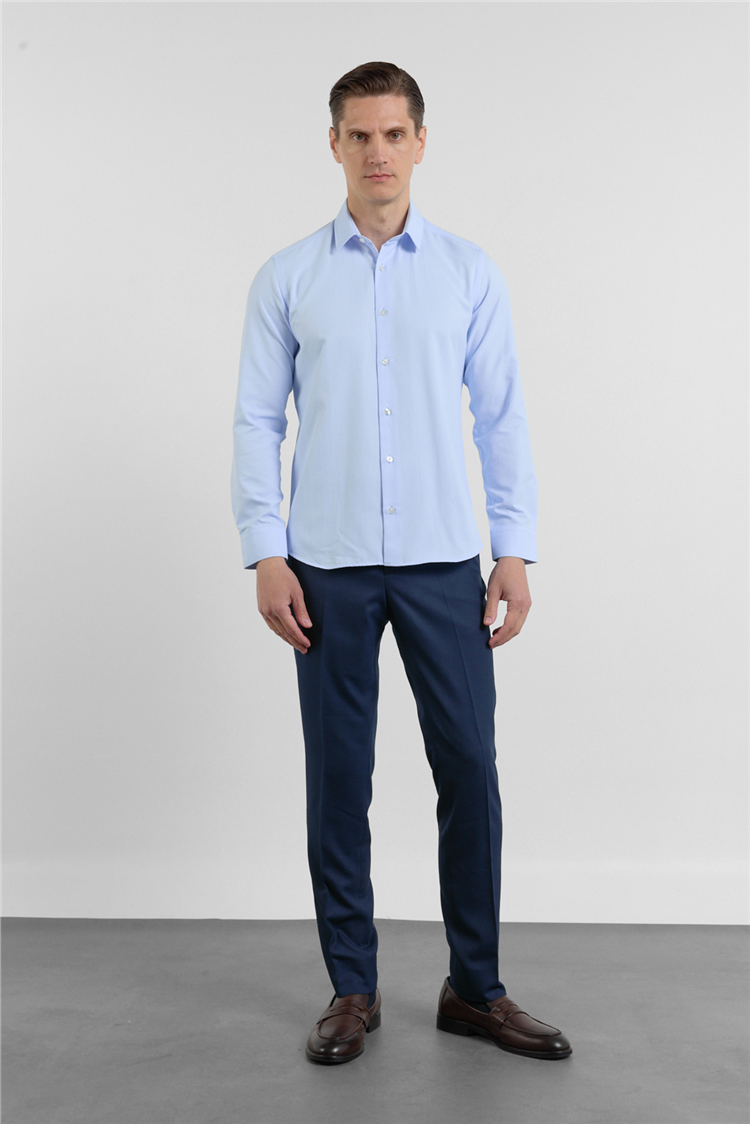 Mavi Dokulu Sert Yaka Uzun Kol Cepsiz Slim Fit Pamuklu Gömlek 1004255283
