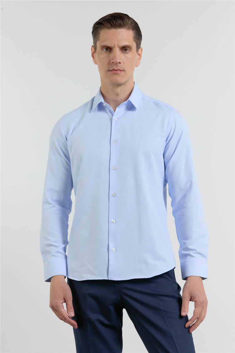 Mavi Dokulu Sert Yaka Uzun Kol Cepsiz Slim Fit Pamuklu Gömlek 1004255283