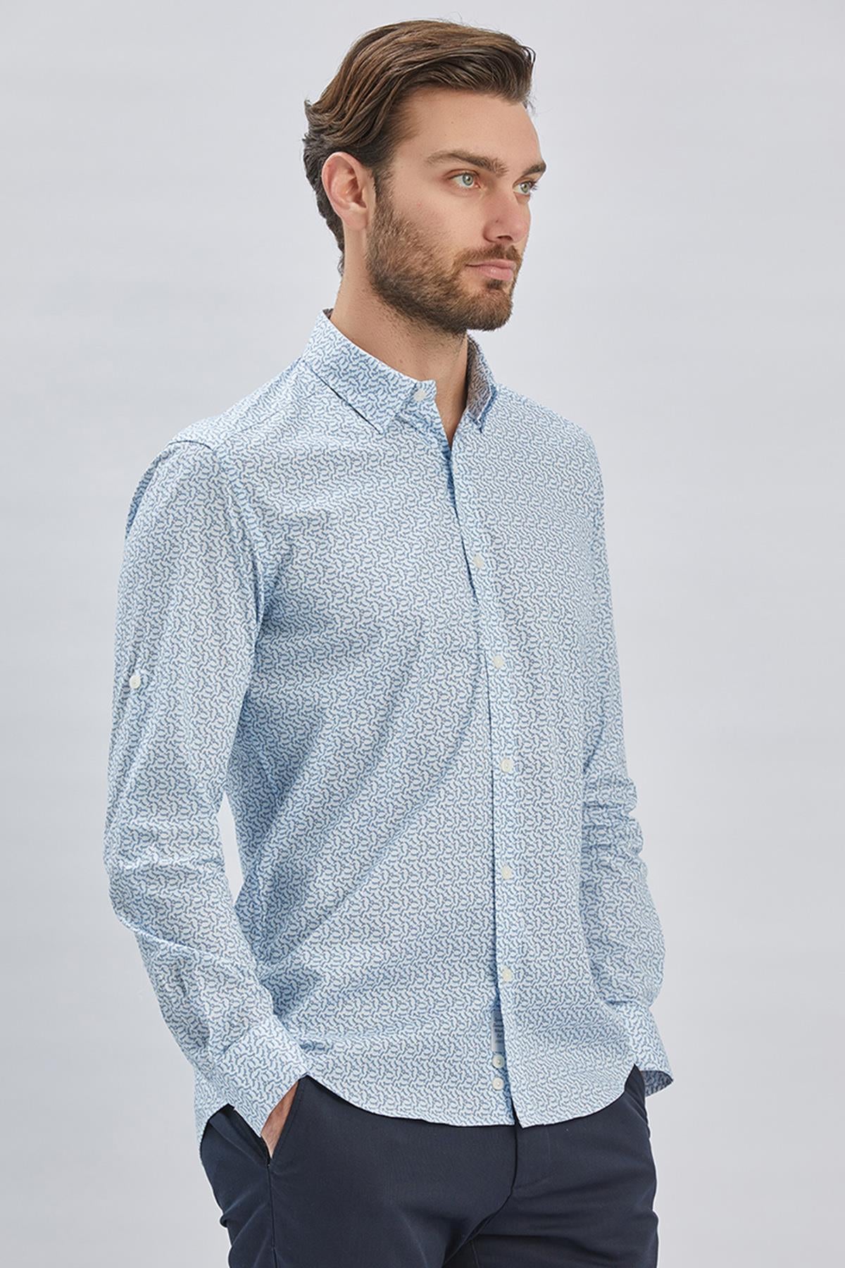 Kısalabilir Kol Baskılı Düğmeli Yaka Cepsiz Klasik Slim Fit Gömlek 1004240116