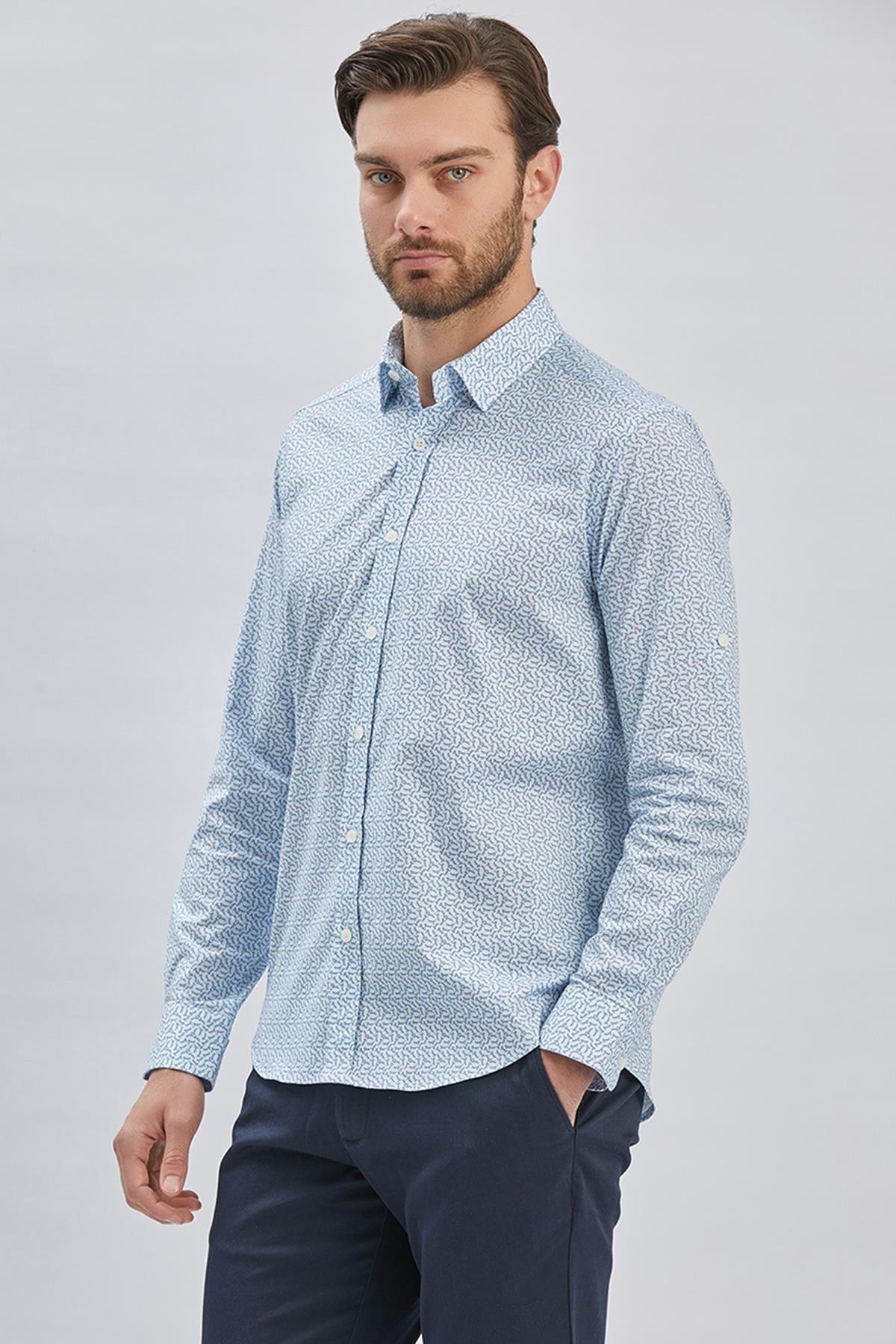 Kısalabilir Kol Baskılı Düğmeli Yaka Cepsiz Klasik Slim Fit Gömlek 1004240116