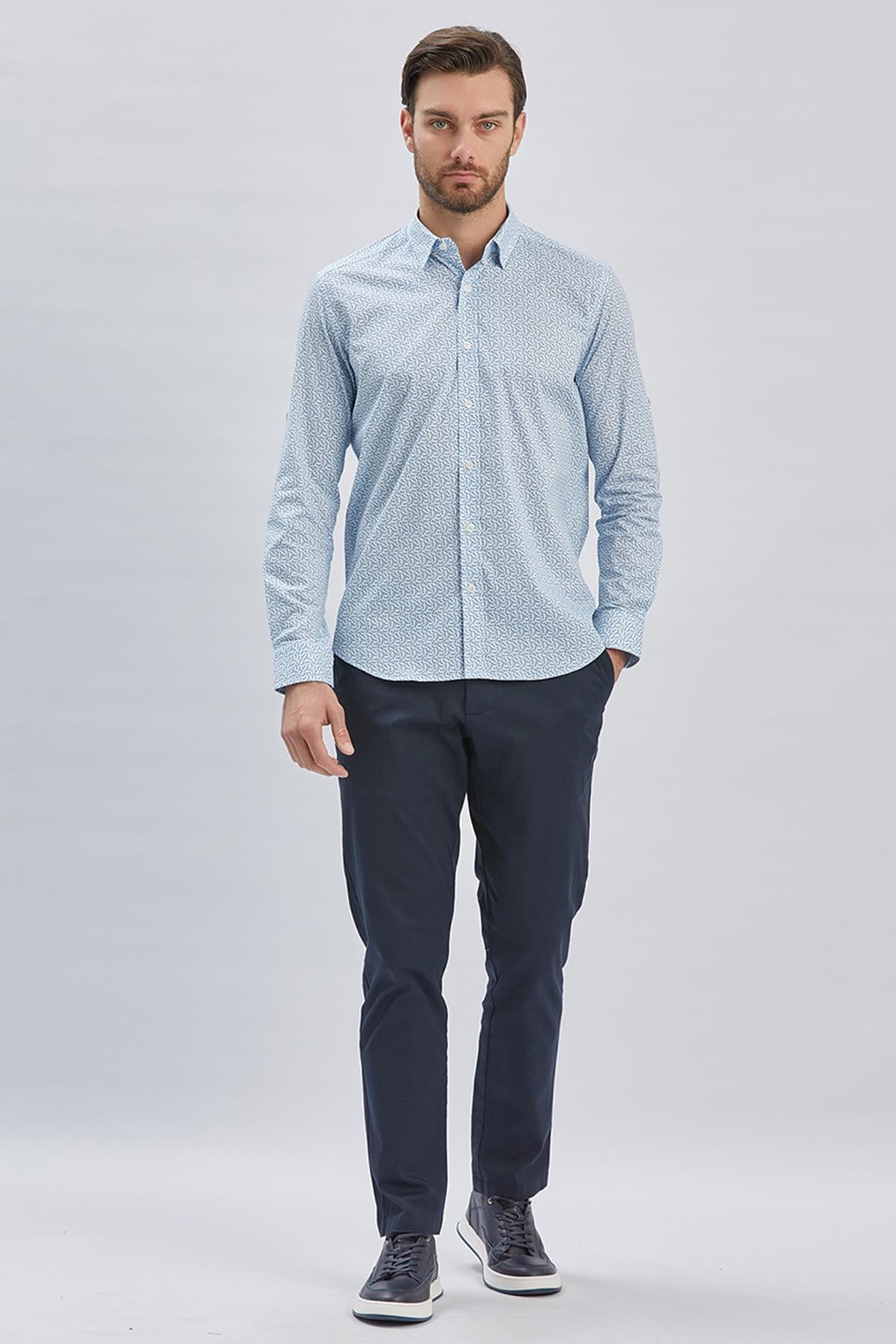 Kısalabilir Kol Baskılı Düğmeli Yaka Cepsiz Klasik Slim Fit Gömlek 1004240116